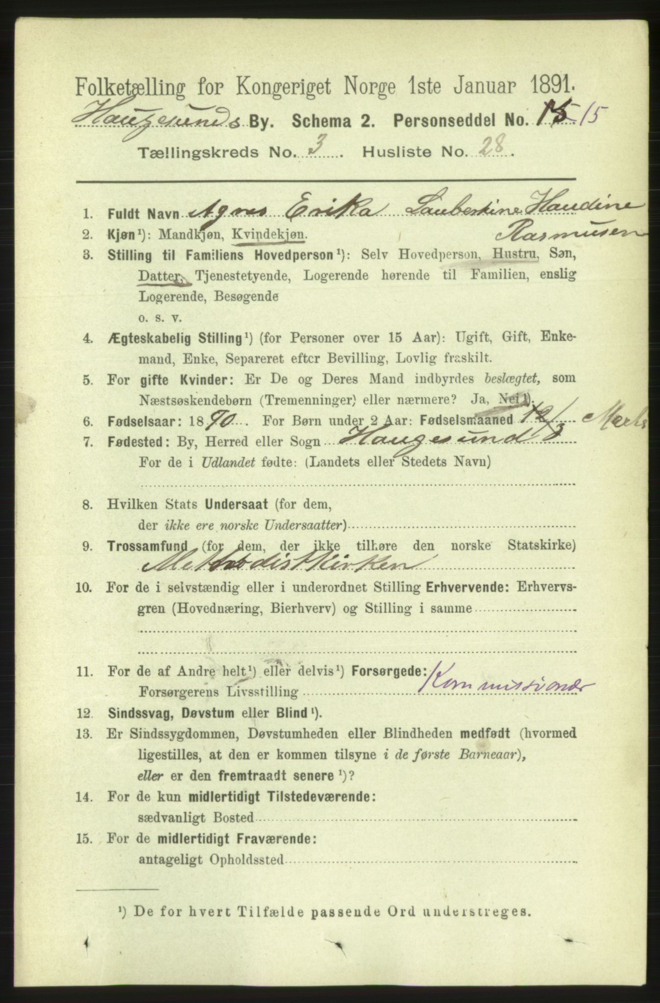 RA, 1891 census for 1106 Haugesund, 1891, p. 1138