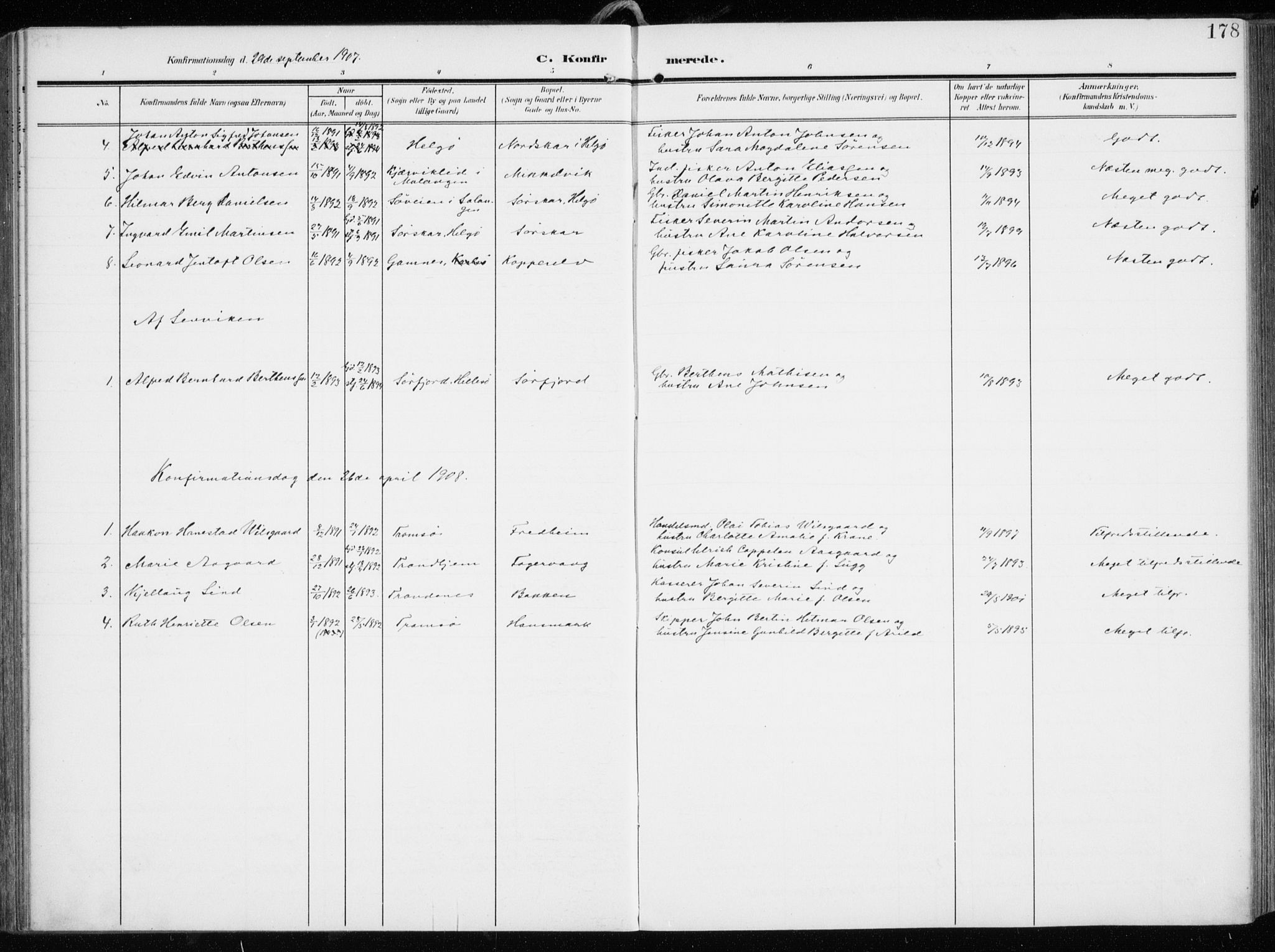 Tromsøysund sokneprestkontor, AV/SATØ-S-1304/G/Ga/L0007kirke: Parish register (official) no. 7, 1907-1914, p. 178