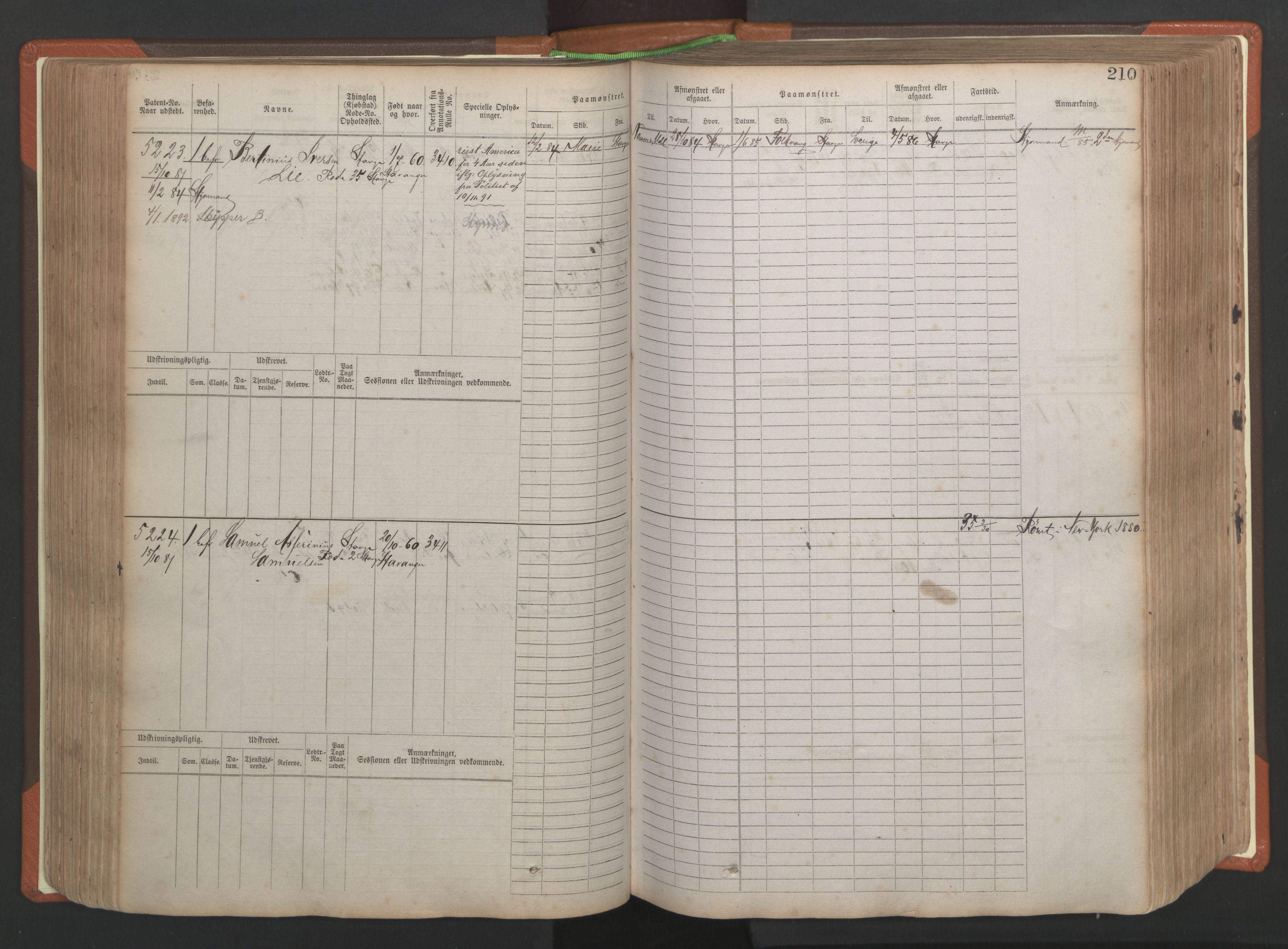 Stavanger sjømannskontor, AV/SAST-A-102006/F/Fb/Fbb/L0009: Sjøfartshovedrulle, patentnr. 4805-6006, 1879-1887, p. 216