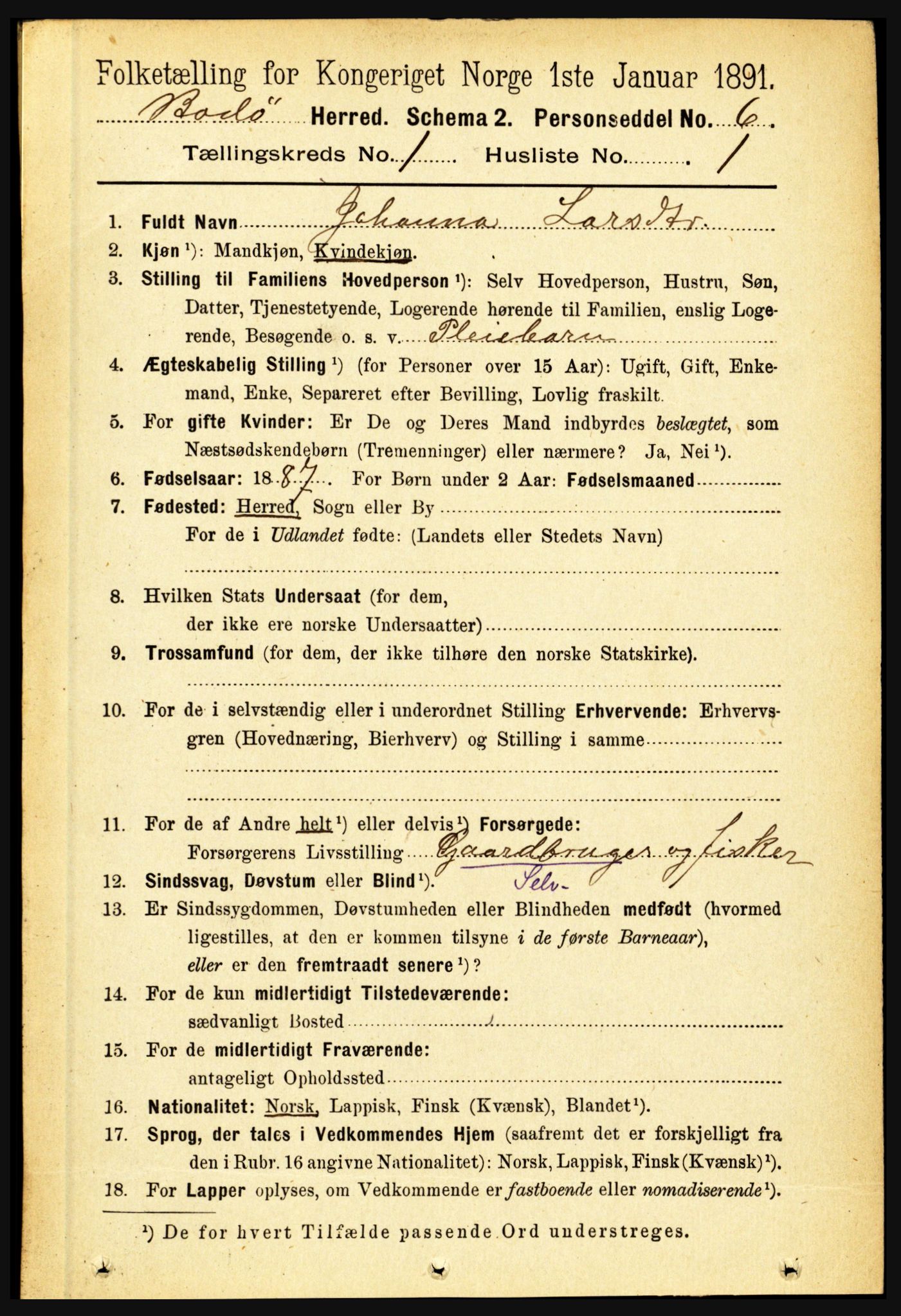 RA, 1891 census for 1843 Bodø, 1891, p. 107