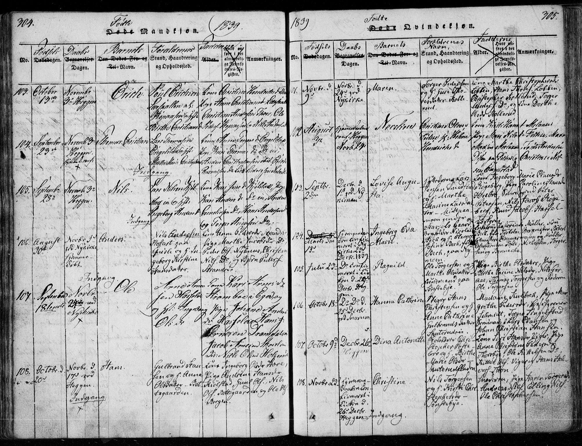 Modum kirkebøker, AV/SAKO-A-234/F/Fa/L0006: Parish register (official) no. 6, 1832-1841, p. 304-305