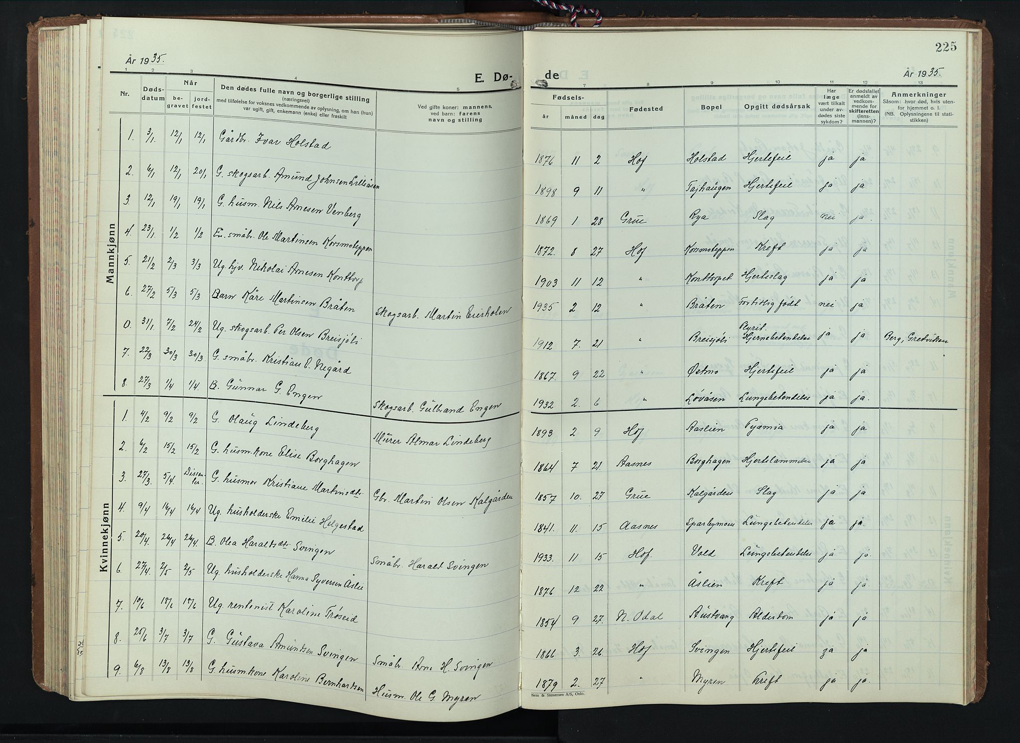 Hof prestekontor, AV/SAH-PREST-038/H/Ha/Hab/L0003: Parish register (copy) no. 3, 1933-1947, p. 225