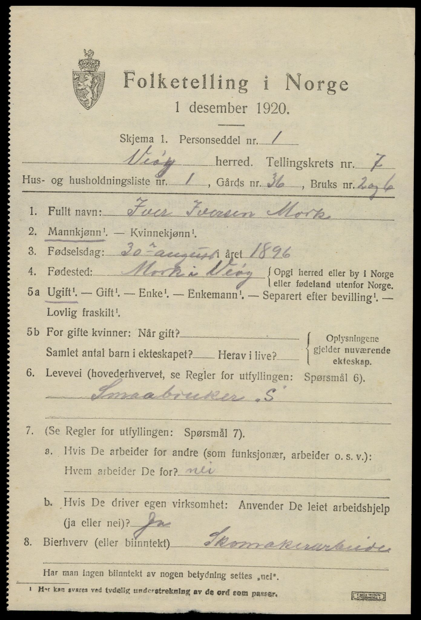 SAT, 1920 census for Veøy, 1920, p. 3077