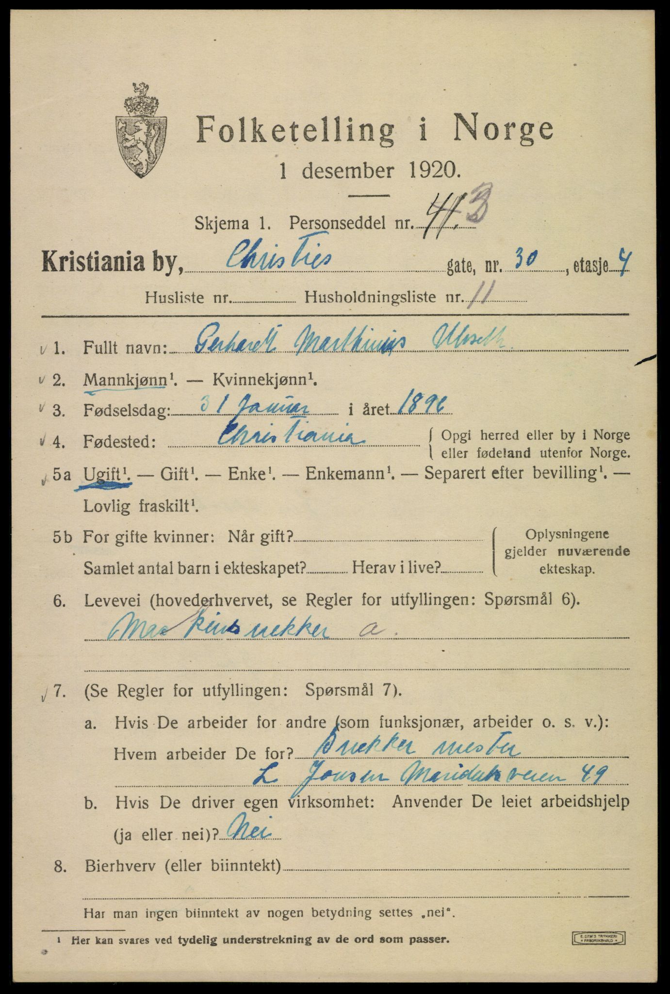 SAO, 1920 census for Kristiania, 1920, p. 186157