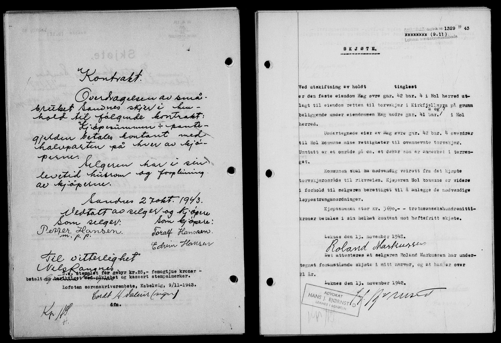 Lofoten sorenskriveri, SAT/A-0017/1/2/2C/L0011a: Mortgage book no. 11a, 1943-1943, Diary no: : 1329/1943