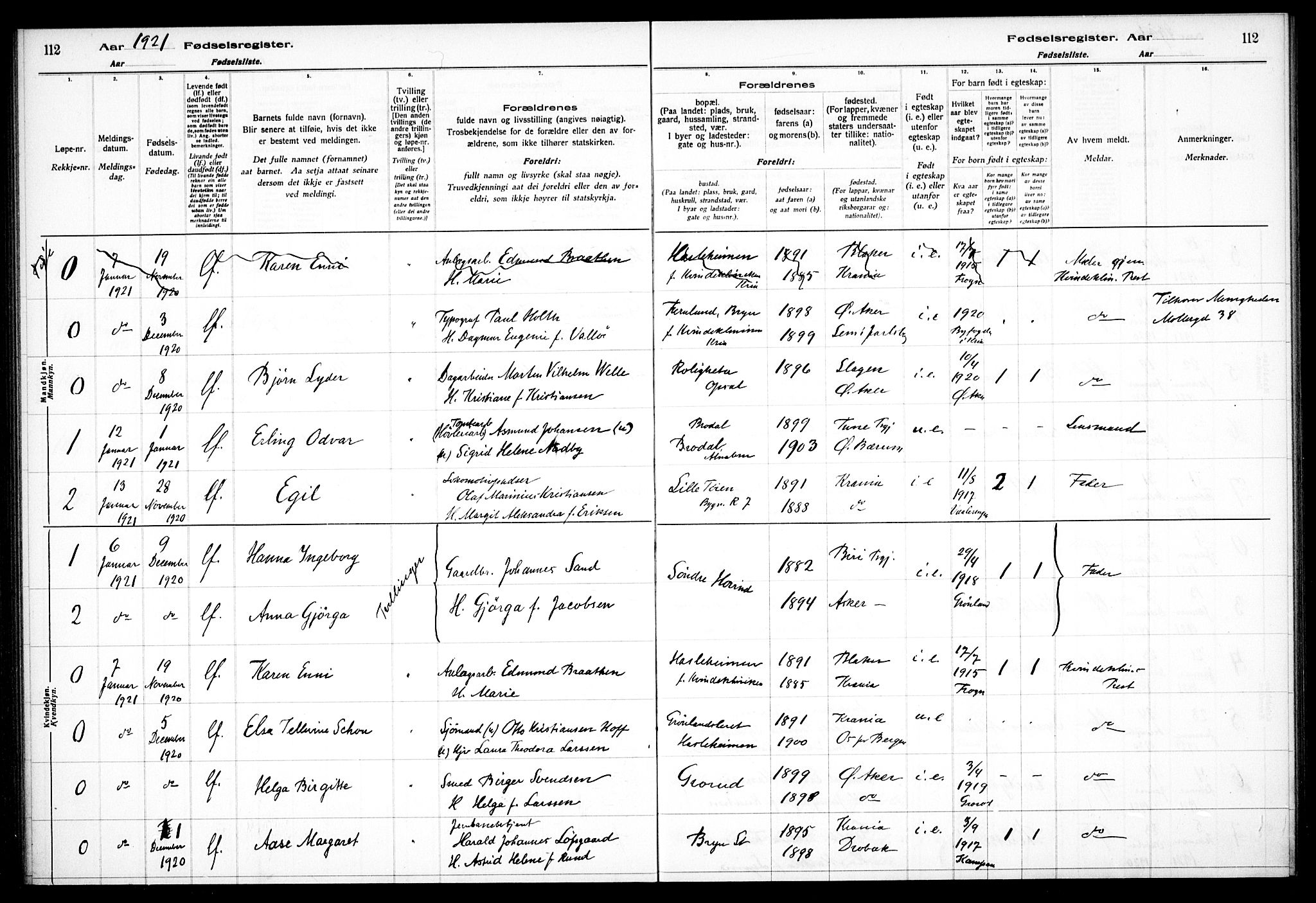 Østre Aker prestekontor Kirkebøker, AV/SAO-A-10840/J/Ja/L0001: Birth register no. I 1, 1916-1923, p. 112