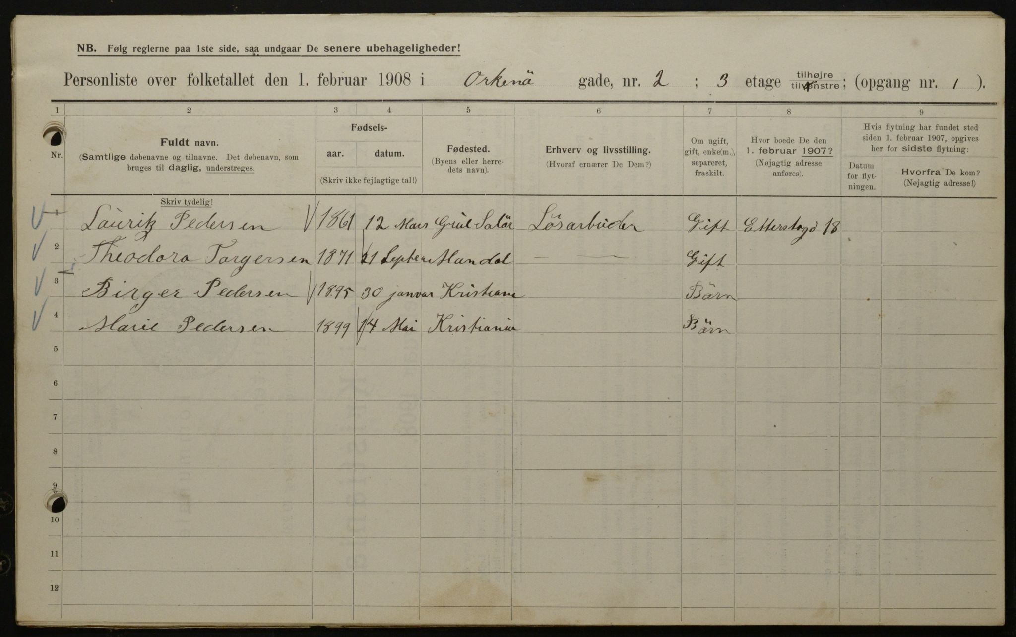 OBA, Municipal Census 1908 for Kristiania, 1908, p. 68018