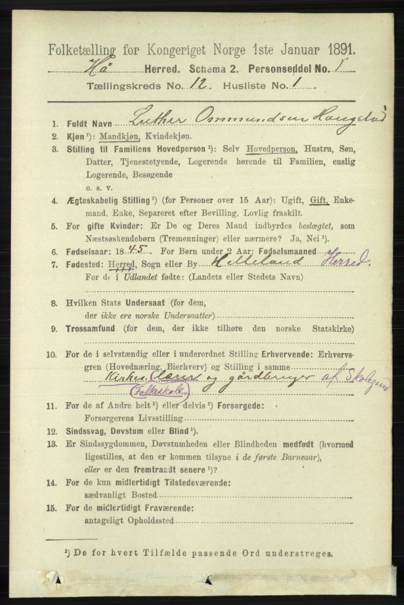 RA, 1891 census for 1119 Hå, 1891, p. 2883