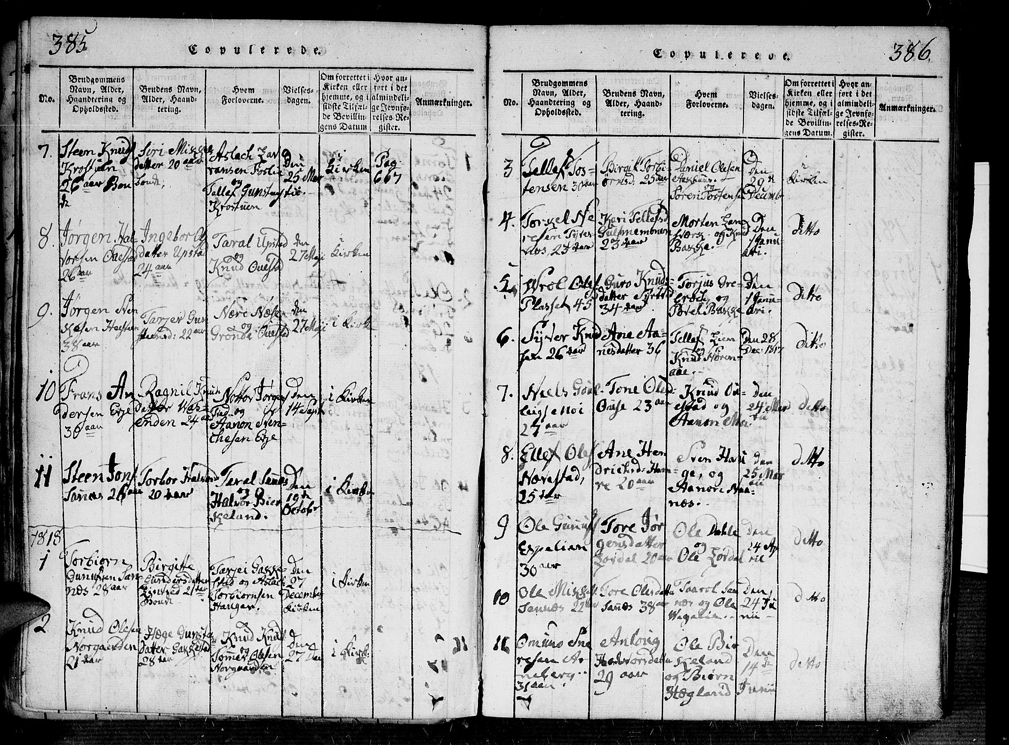 Bygland sokneprestkontor, AV/SAK-1111-0006/F/Fa/Fab/L0003: Parish register (official) no. A 3, 1816-1841, p. 385-386