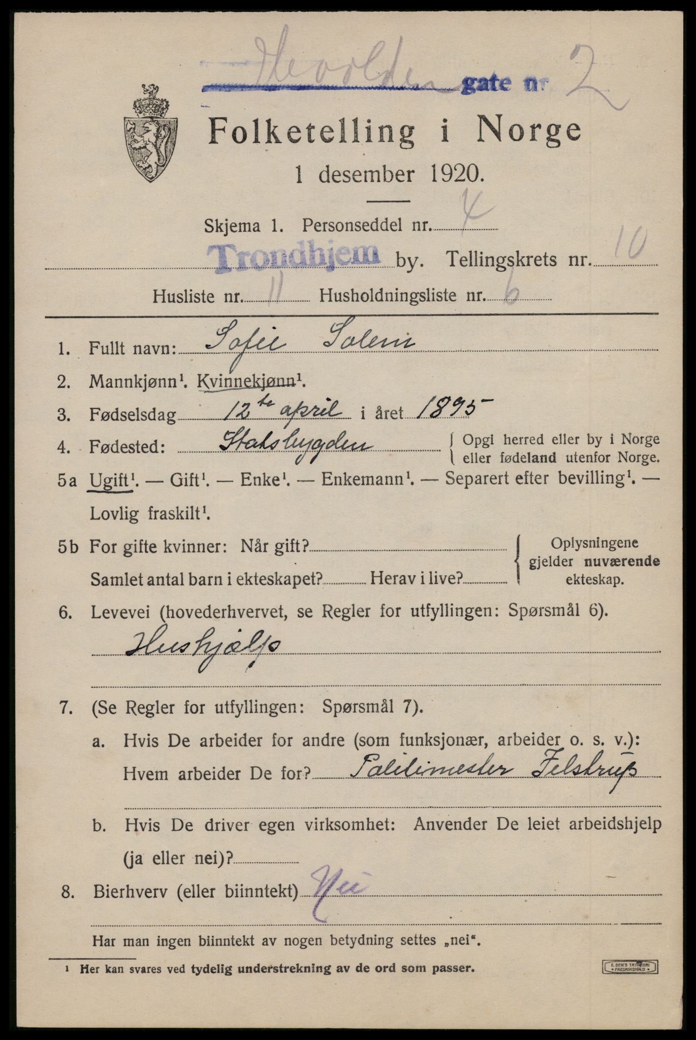 SAT, 1920 census for Trondheim, 1920, p. 45258