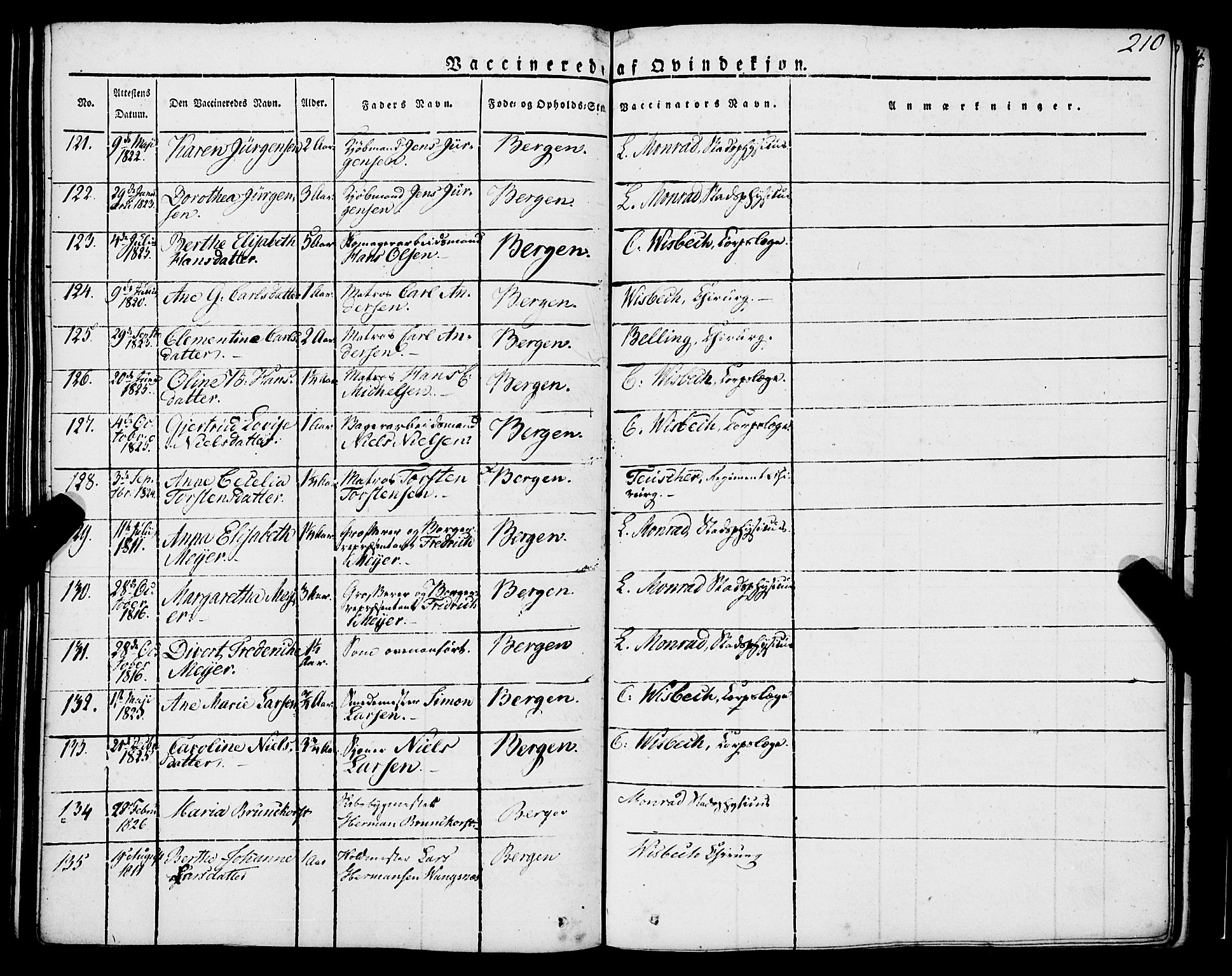 Korskirken sokneprestembete, SAB/A-76101/H/Haa/L0050: Parish register (official) no. F 1, 1821-1869, p. 210
