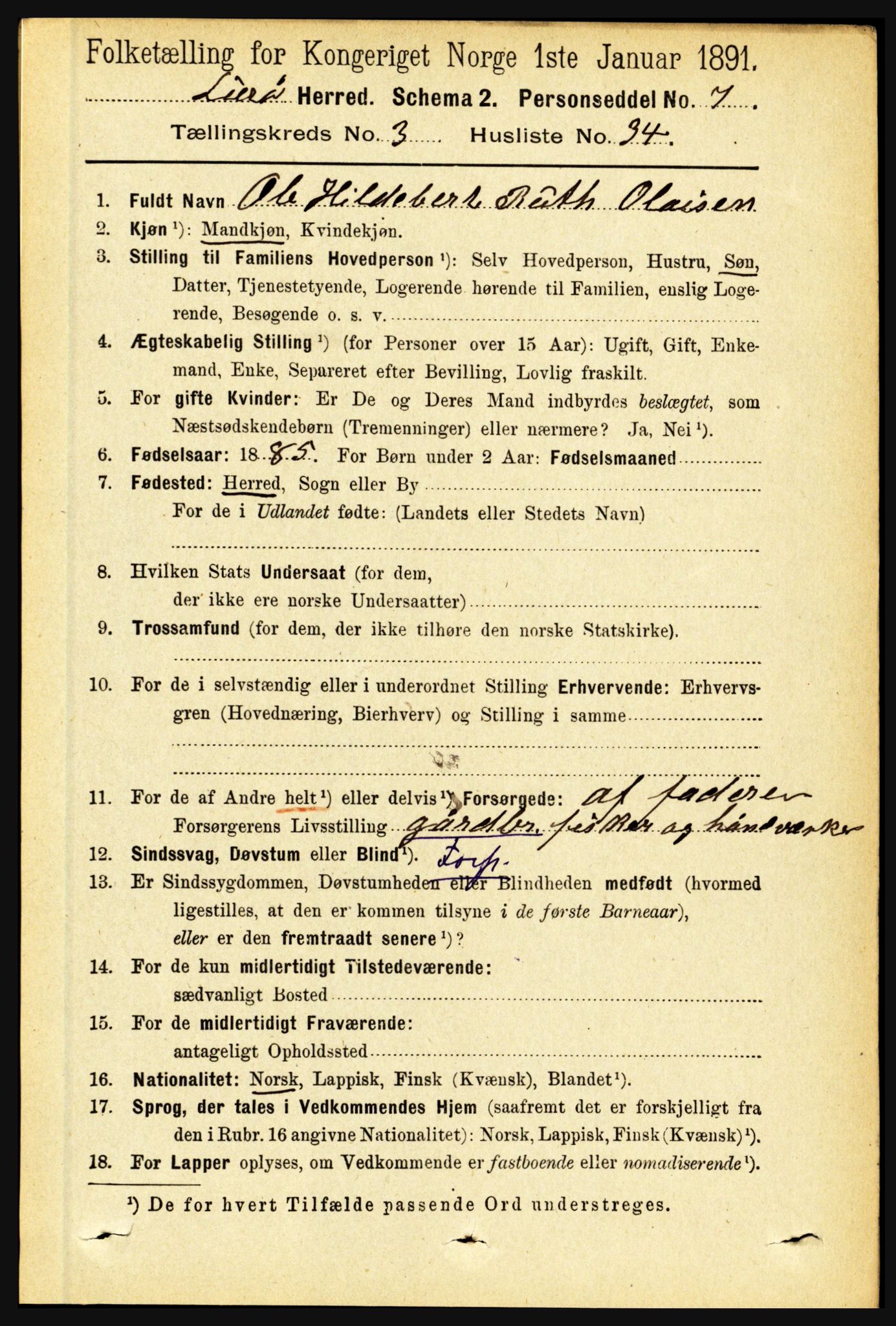 RA, 1891 census for 1834 Lurøy, 1891, p. 1656