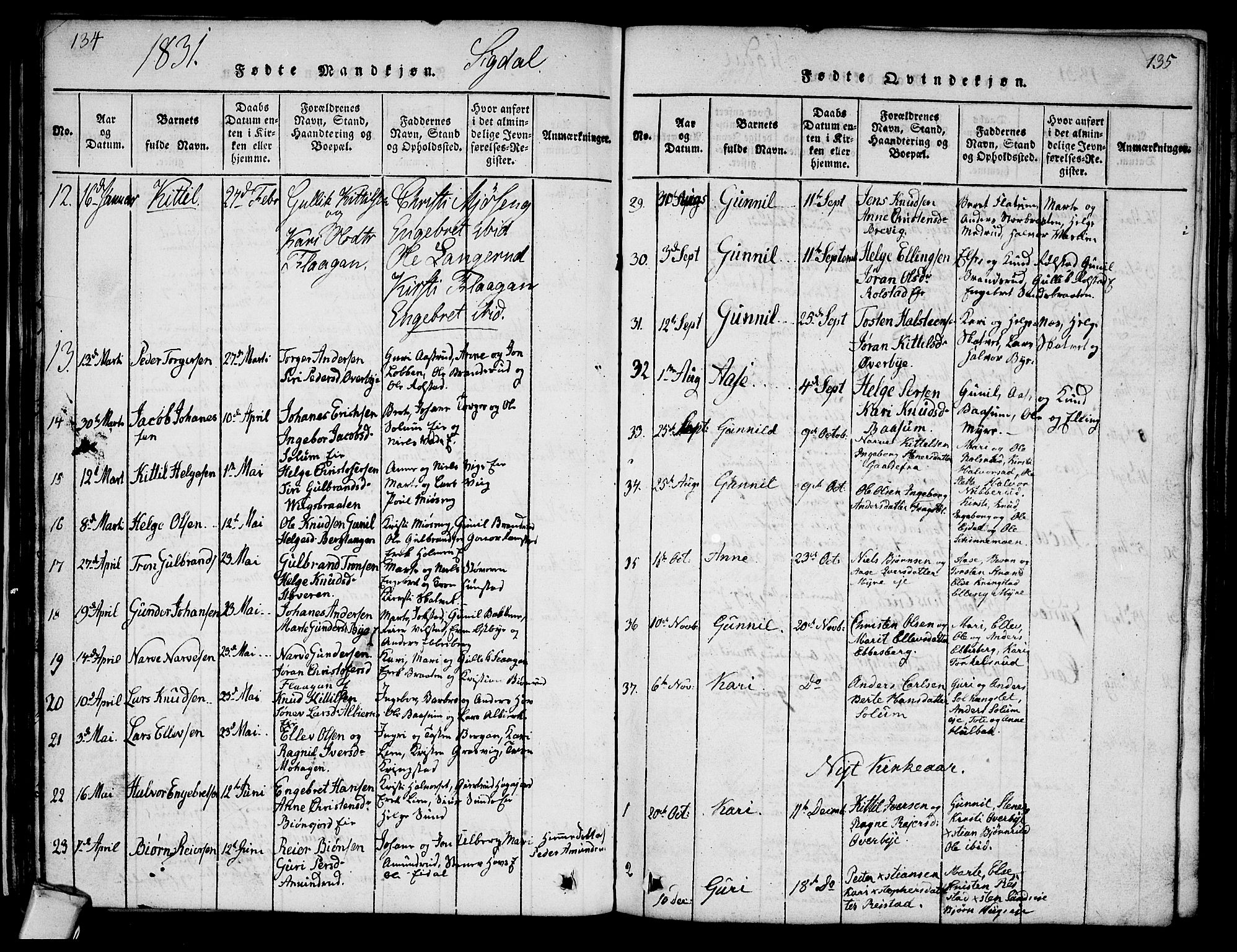 Sigdal kirkebøker, SAKO/A-245/G/Ga/L0001: Parish register (copy) no. I 1 /1, 1816-1835, p. 134-135