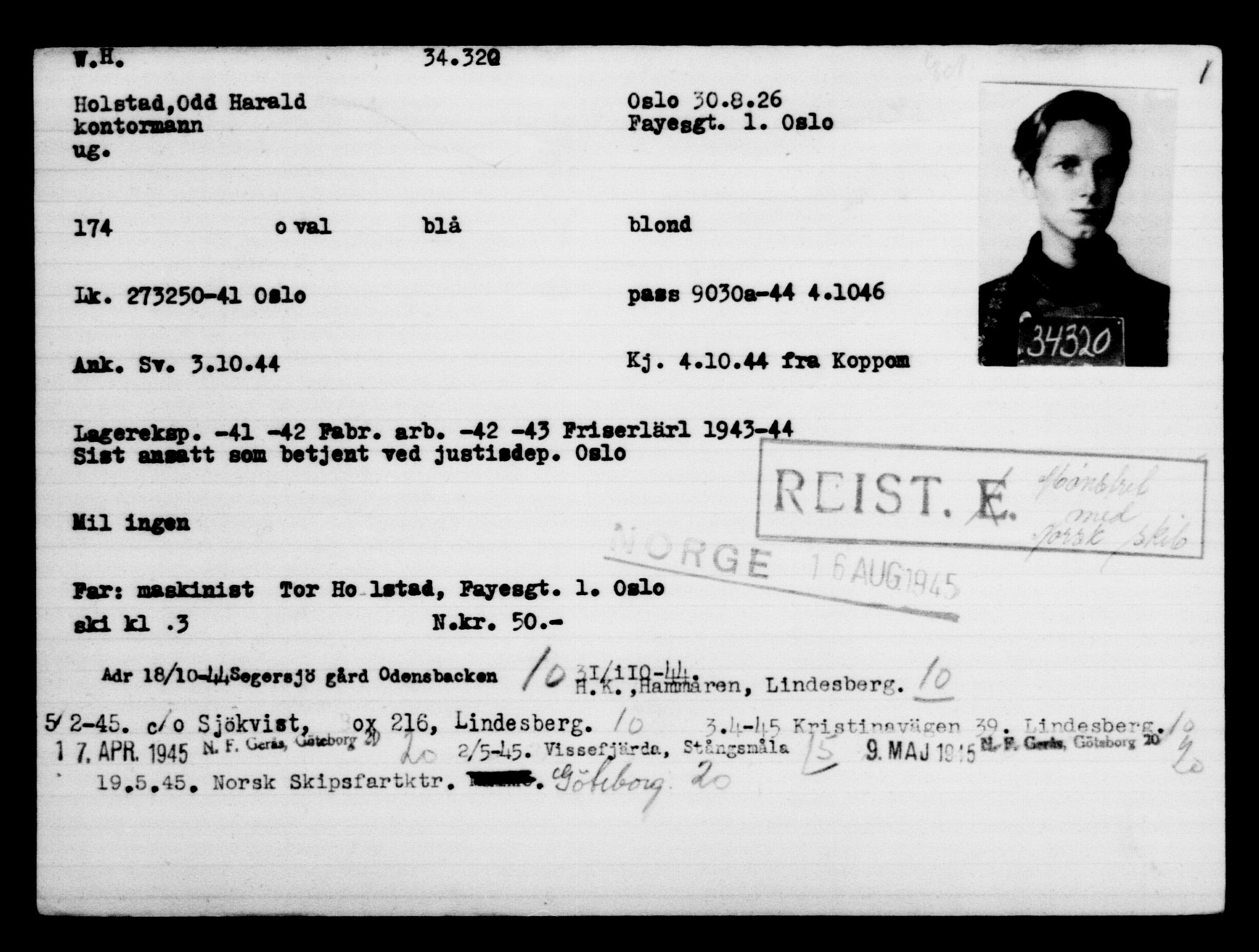 Utenriksstasjonene, Legasjonen i Stockholm, Flyktningkontoret, AV/RA-S-6753/V/Va/L0013: Kjesäterkartoteket, flyktninger med registreringsnr. 31500-34731, 1940-1945, p. 2973