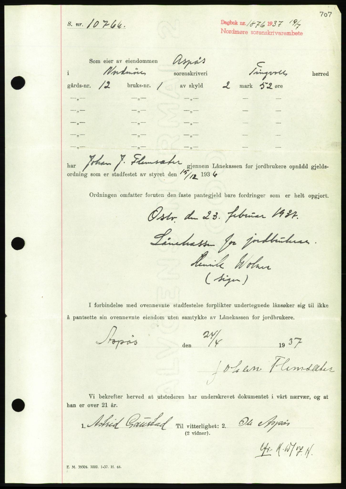 Nordmøre sorenskriveri, AV/SAT-A-4132/1/2/2Ca/L0091: Mortgage book no. B81, 1937-1937, Diary no: : 1876/1937