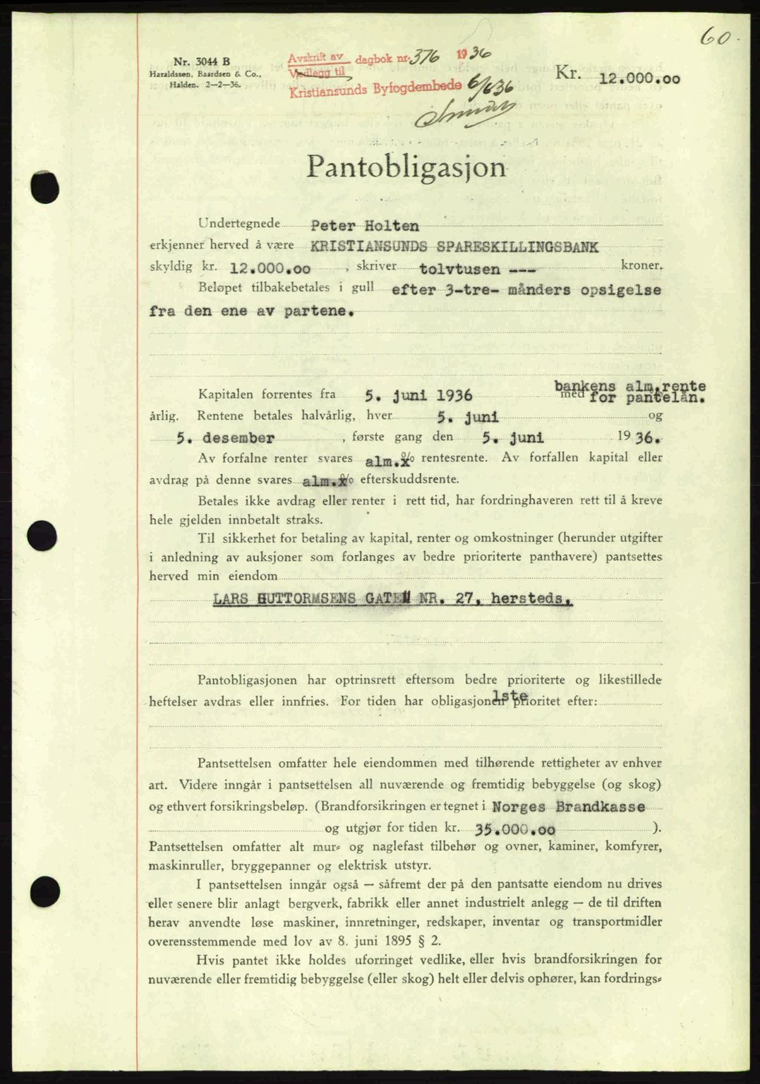 Kristiansund byfogd, AV/SAT-A-4587/A/27: Mortgage book no. 29, 1936-1937, Diary no: : 376/1936
