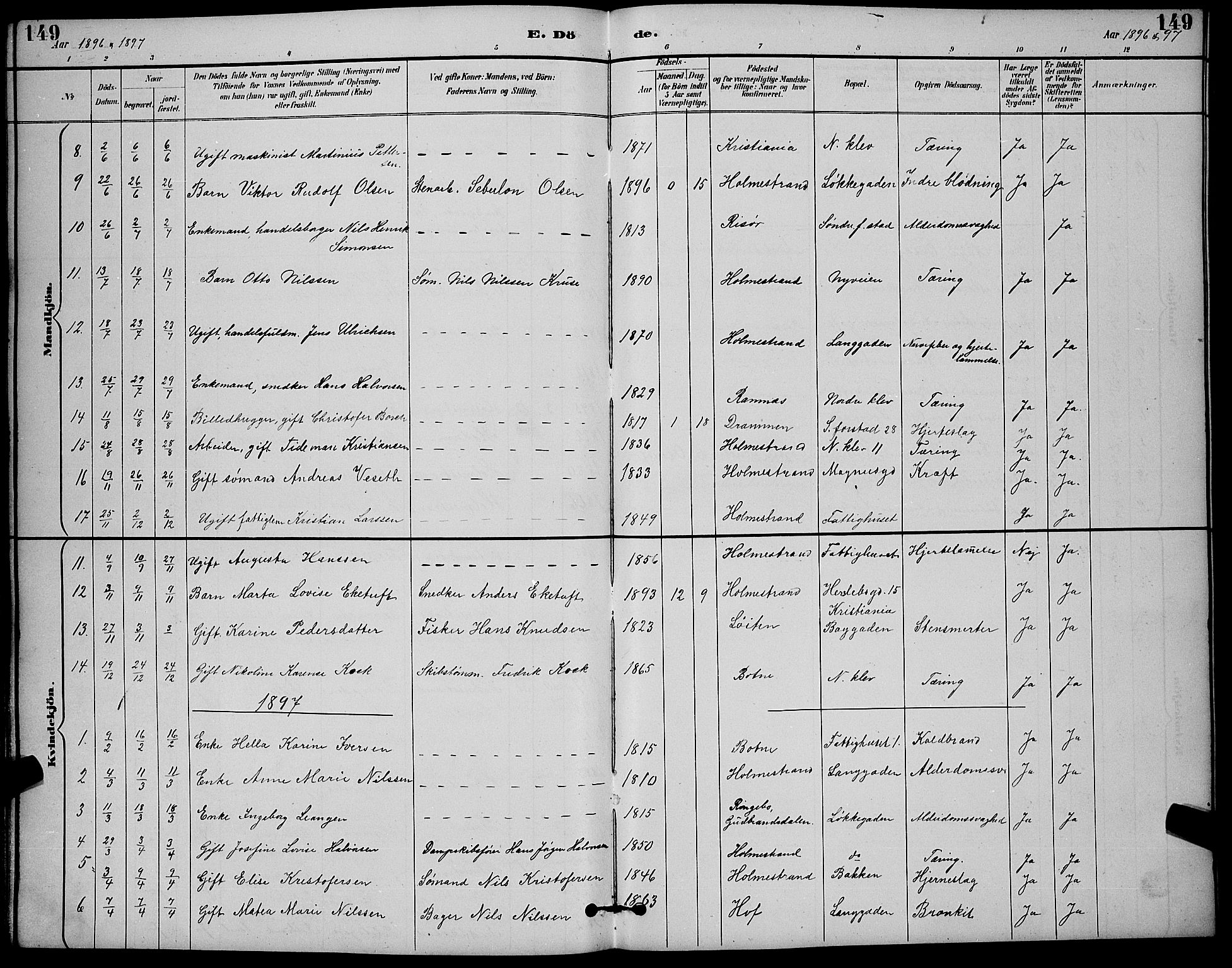 Holmestrand kirkebøker, AV/SAKO-A-346/G/Ga/L0005: Parish register (copy) no. 5, 1889-1901, p. 149