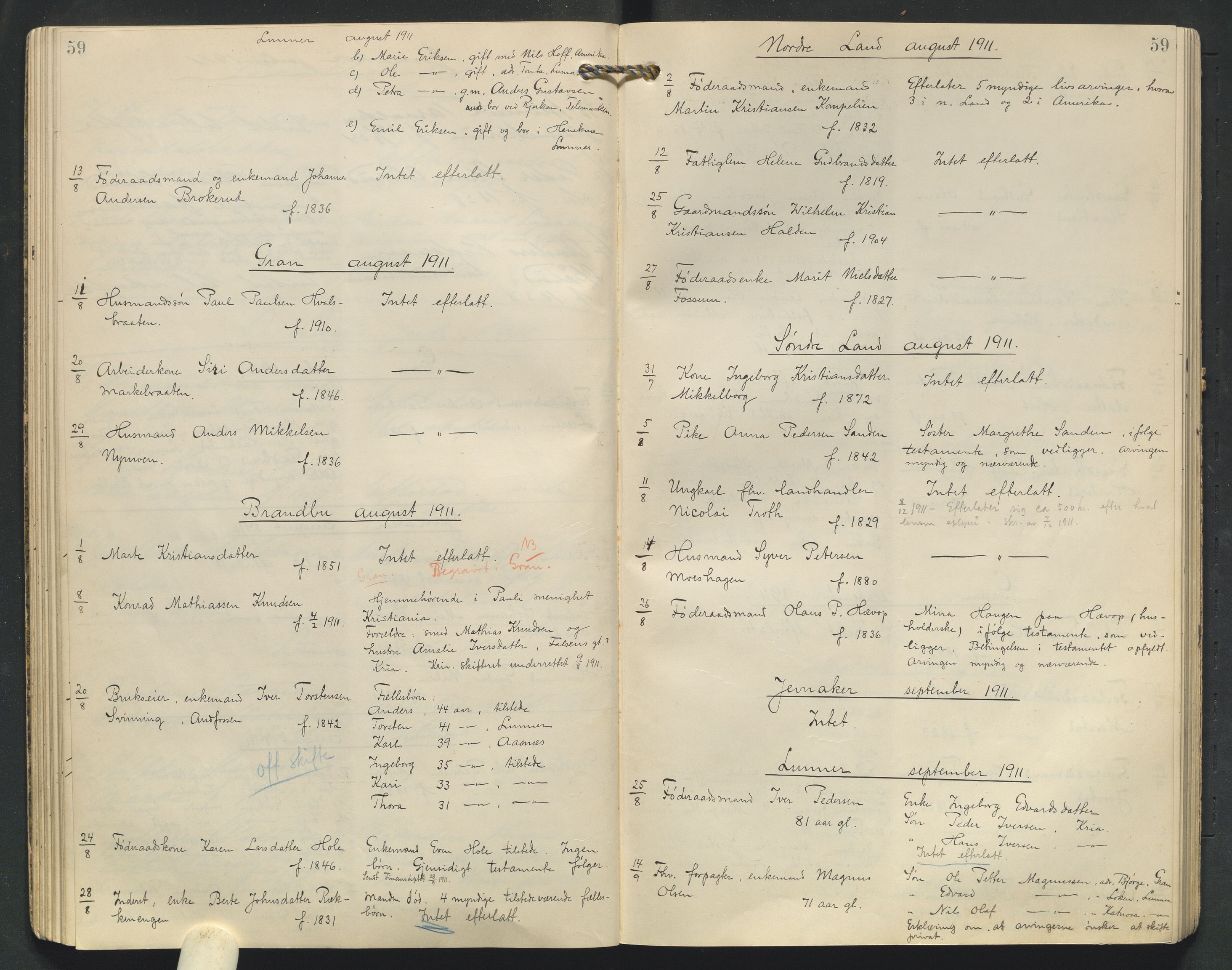 Hadeland og Land tingrett, AV/SAH-TING-010/J/Jg/L0008: Dødsfallsprotokoll, 1907-1915, p. 59