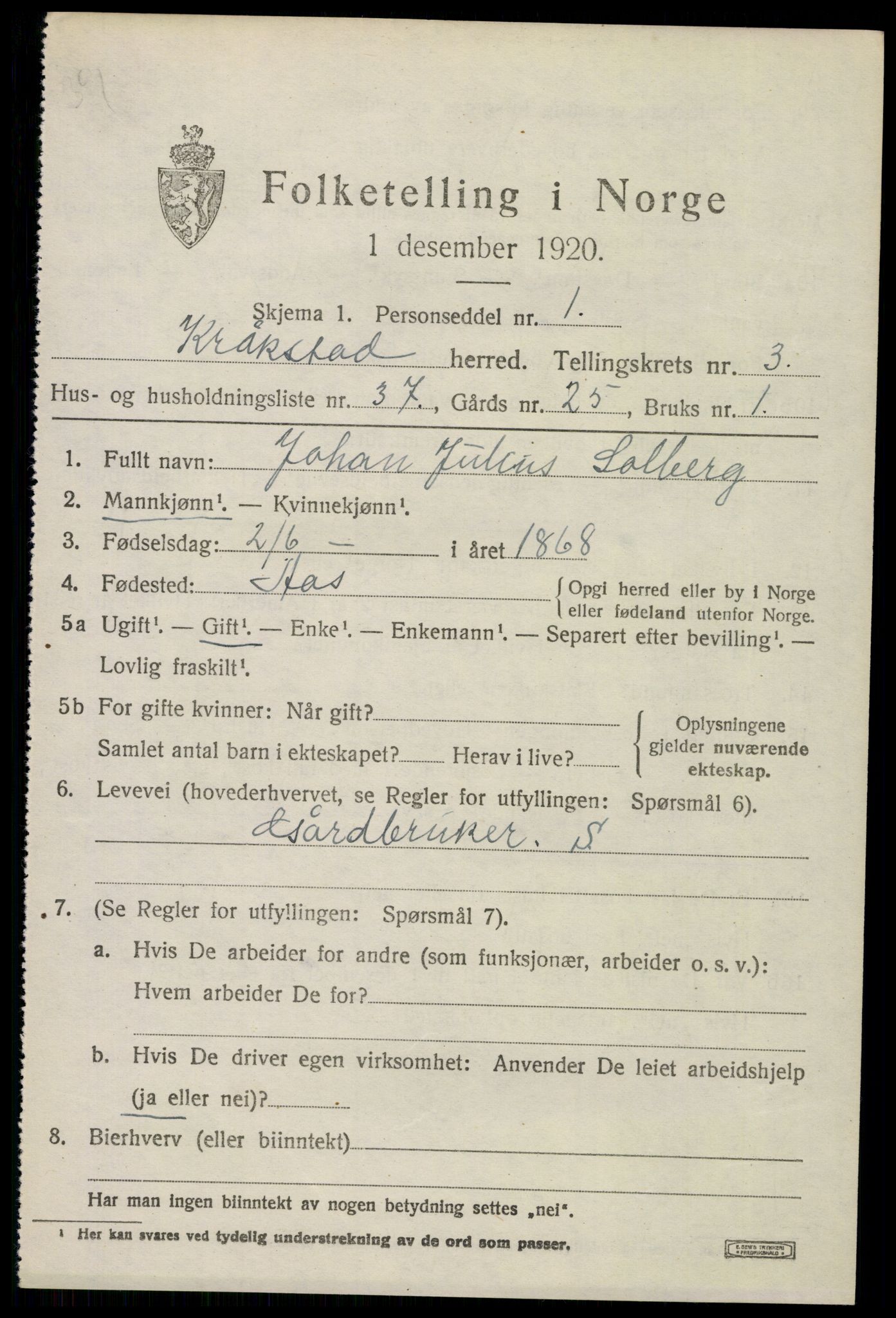 SAO, 1920 census for Kråkstad, 1920, p. 3755