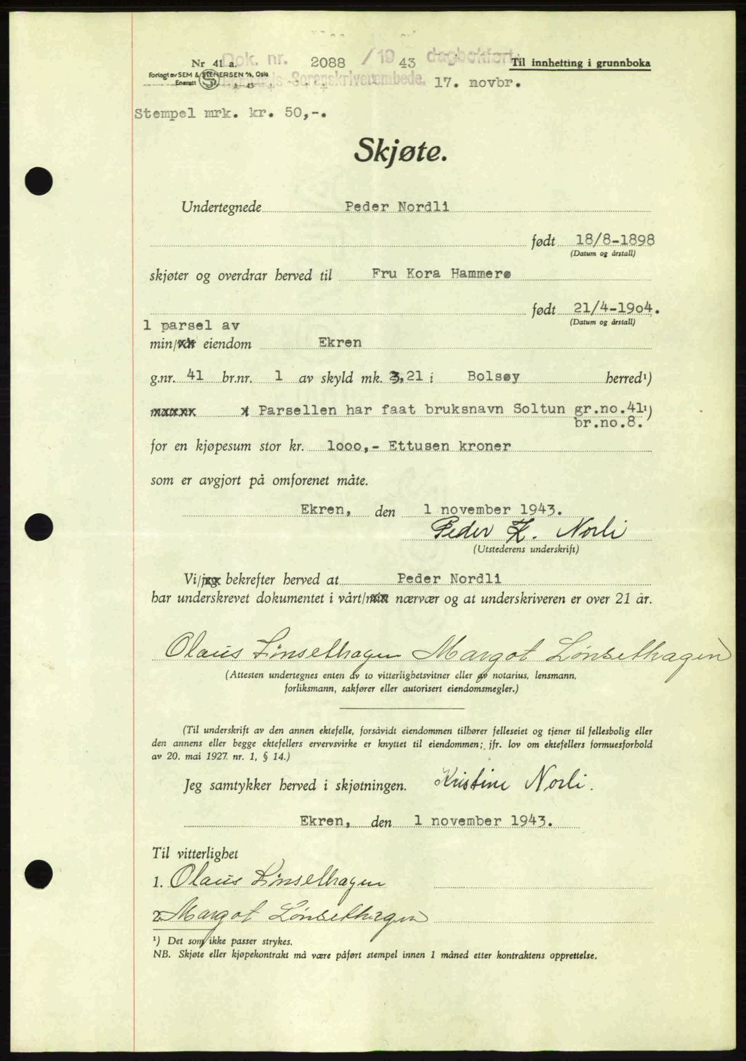 Romsdal sorenskriveri, AV/SAT-A-4149/1/2/2C: Mortgage book no. A15, 1943-1944, Diary no: : 2088/1943