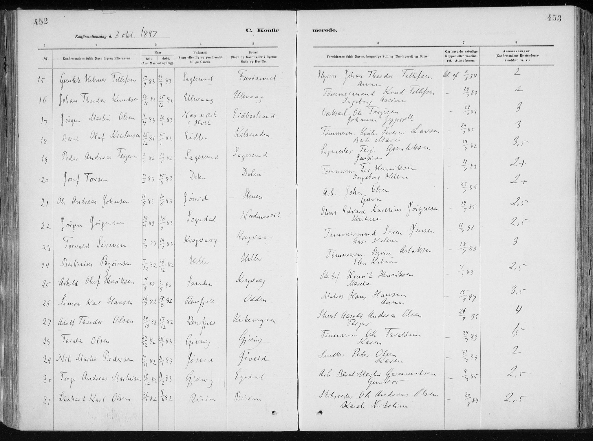 Dypvåg sokneprestkontor, AV/SAK-1111-0007/F/Fa/Faa/L0008: Parish register (official) no. A 8, 1885-1906, p. 452-453