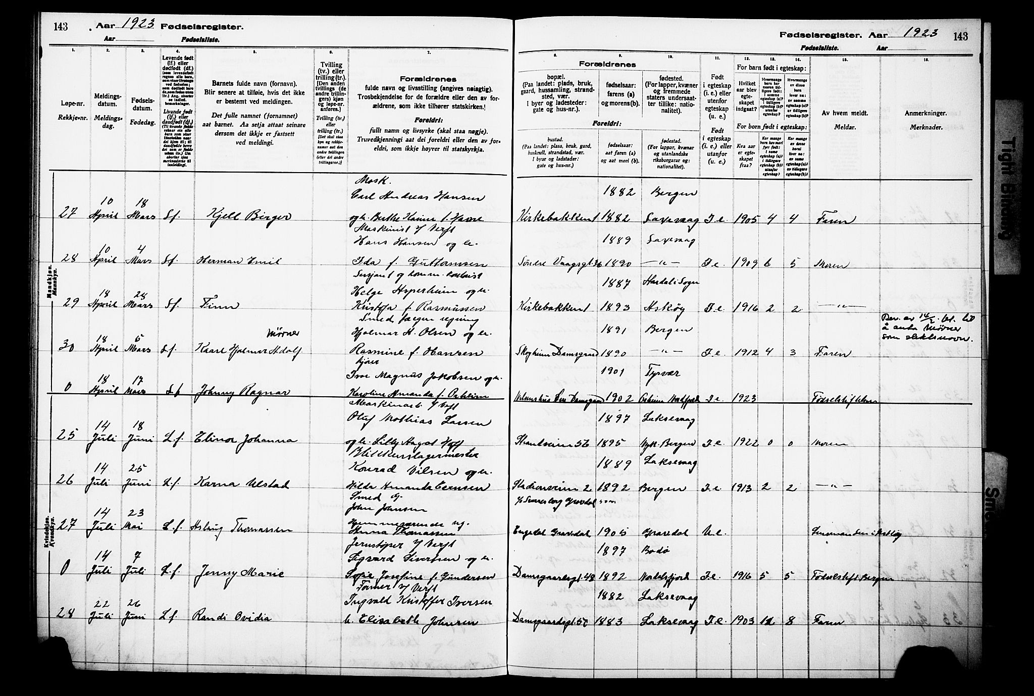 Laksevåg Sokneprestembete, AV/SAB-A-76501/I/Id/L00A1: Birth register no. A 1, 1916-1926, p. 143