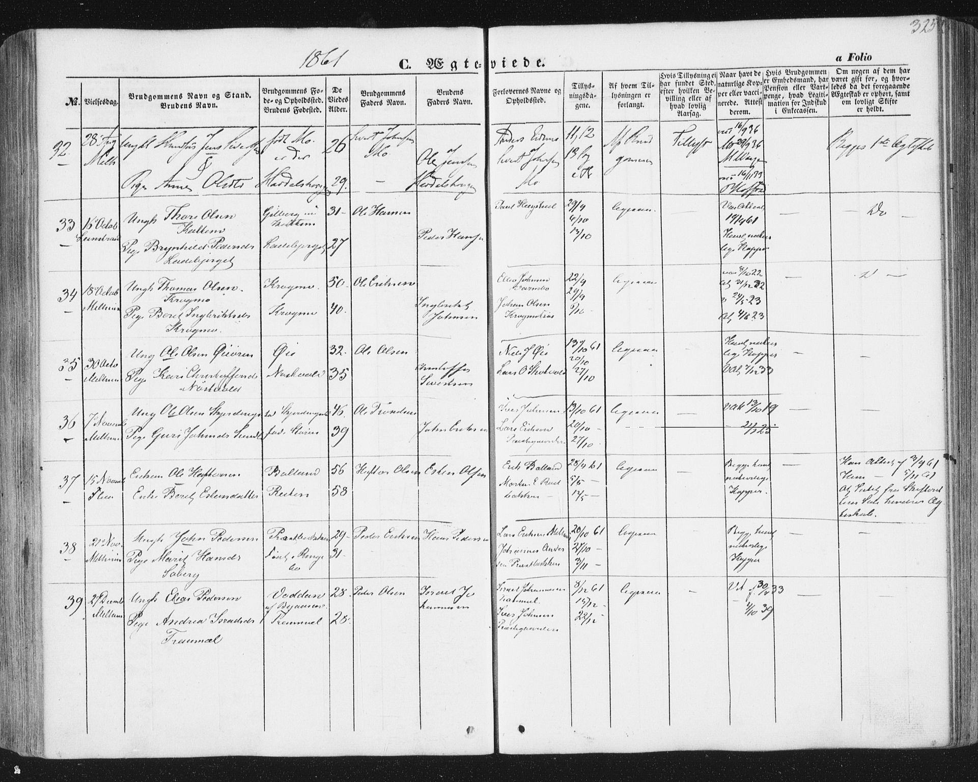 Ministerialprotokoller, klokkerbøker og fødselsregistre - Sør-Trøndelag, SAT/A-1456/691/L1076: Parish register (official) no. 691A08, 1852-1861, p. 325