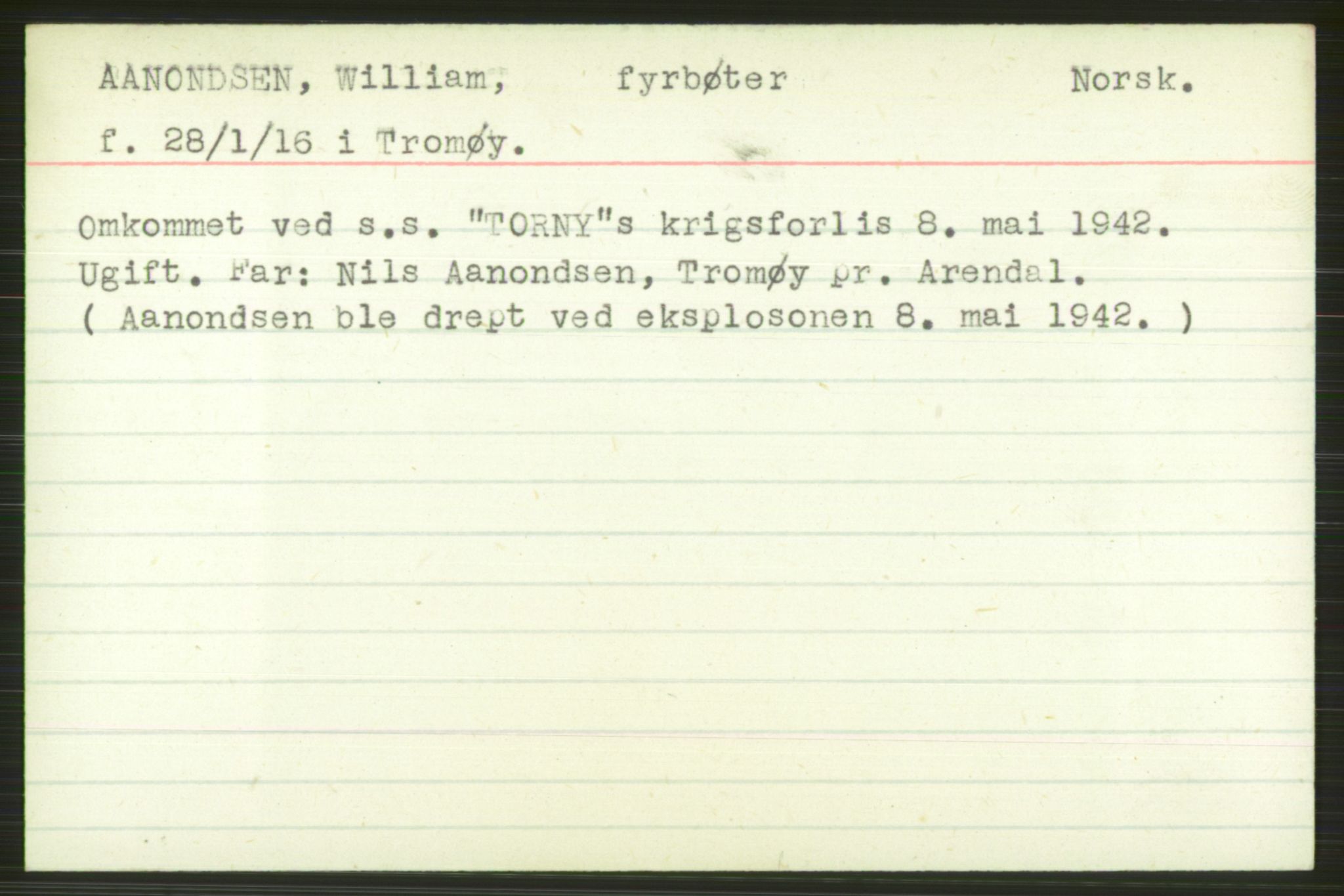 Nortraship, Register for savnede sjømenn m.v., AV/RA-S-2166/F/Fa/L0001: Alfabetisk A-Ø, 1940-1945