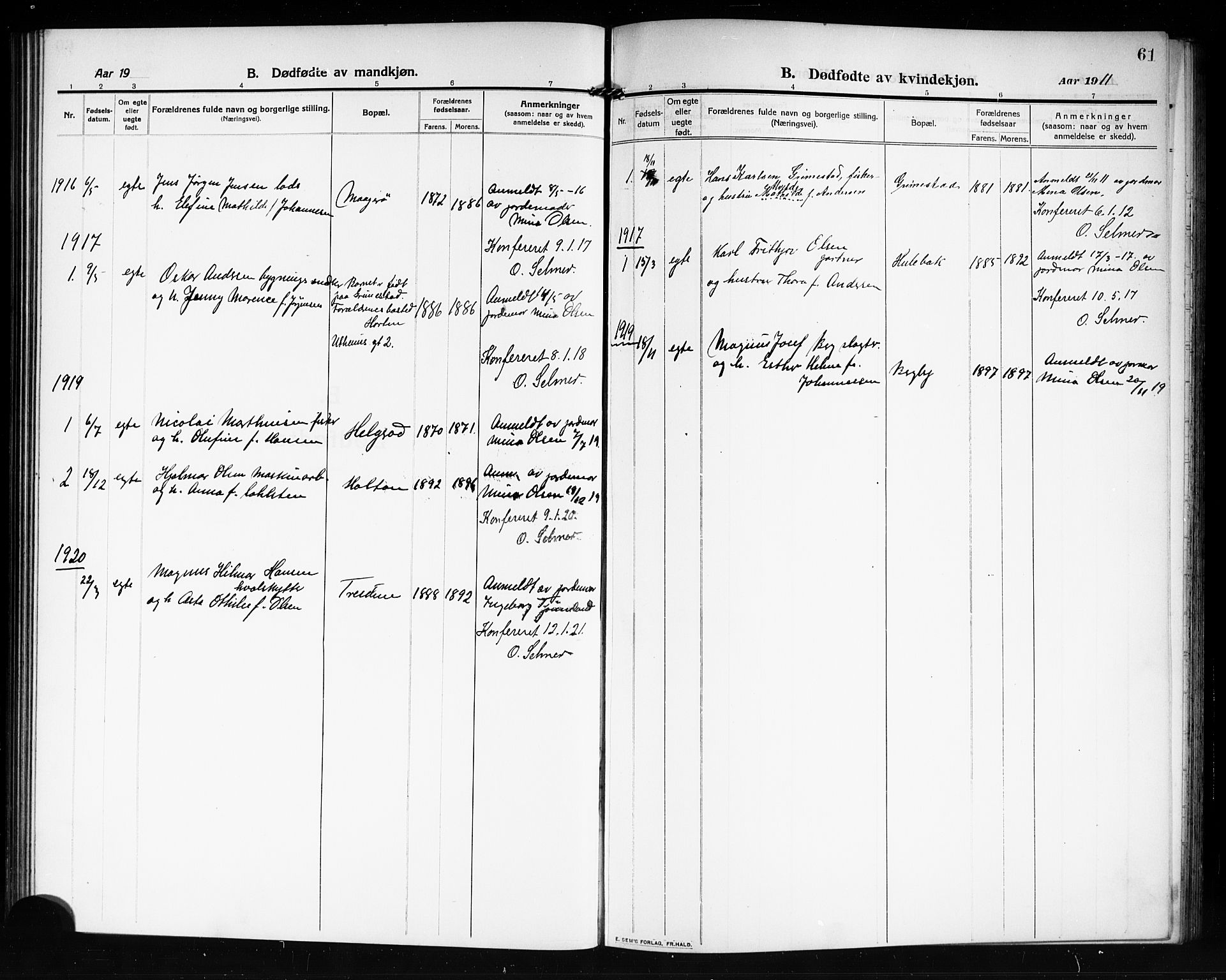 Tjøme kirkebøker, AV/SAKO-A-328/G/Ga/L0002: Parish register (copy) no. I 2, 1911-1920, p. 61