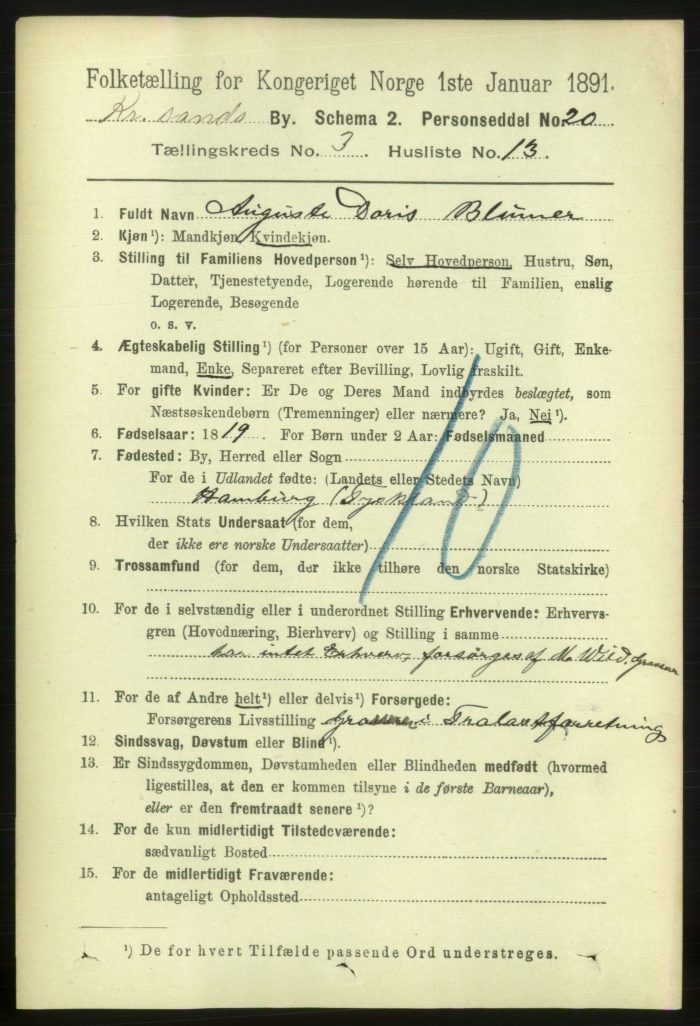 RA, 1891 census for 1001 Kristiansand, 1891, p. 3512