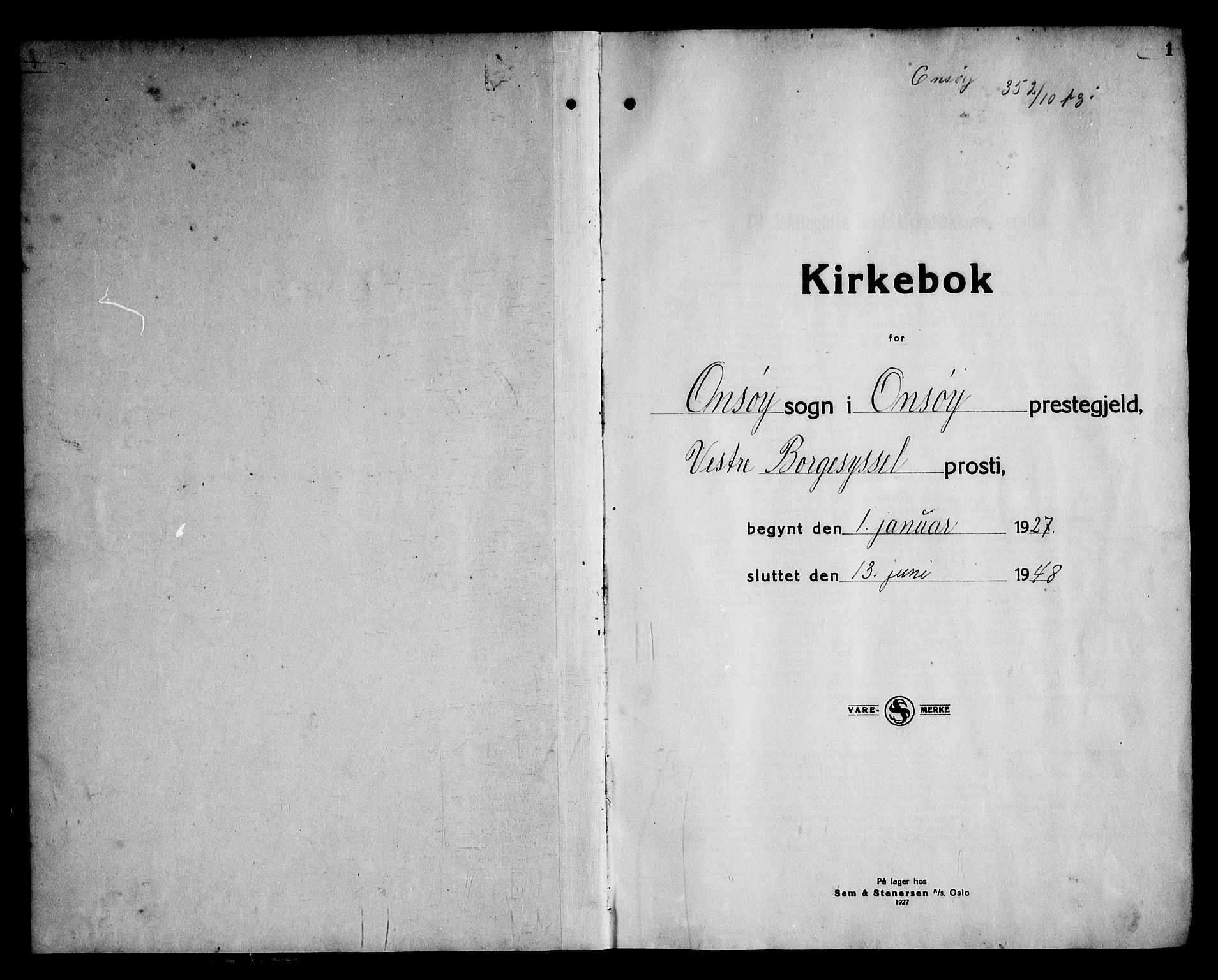 Onsøy prestekontor Kirkebøker, SAO/A-10914/G/Ga/L0005: Parish register (copy) no. I 5, 1927-1948, p. 1
