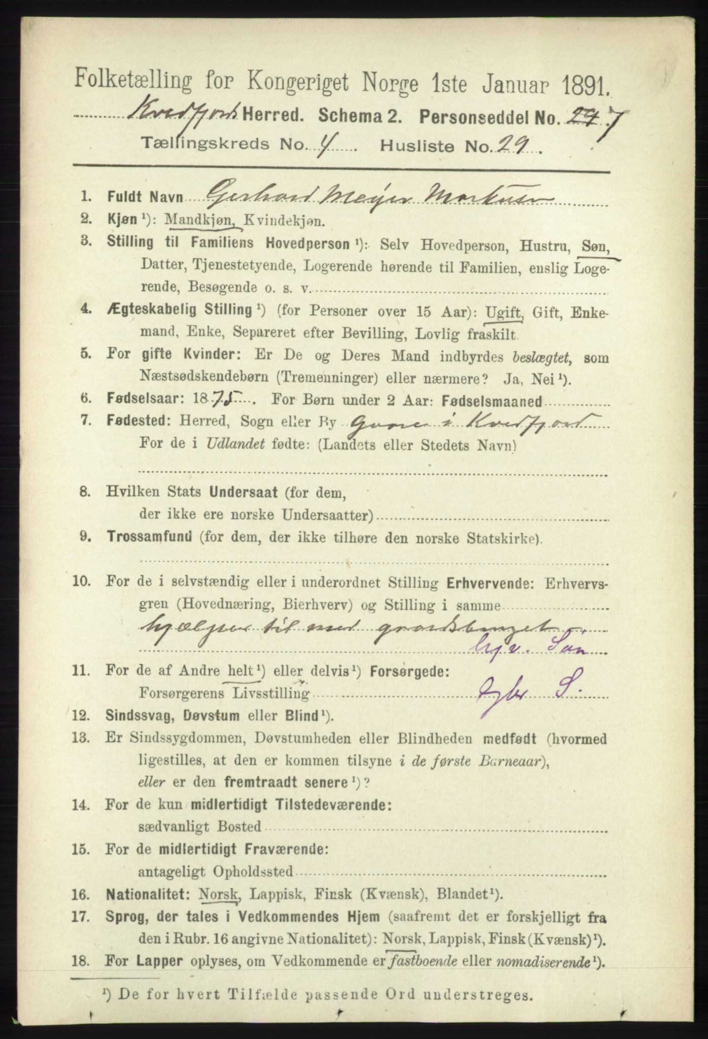 RA, 1891 census for 1911 Kvæfjord, 1891, p. 2080