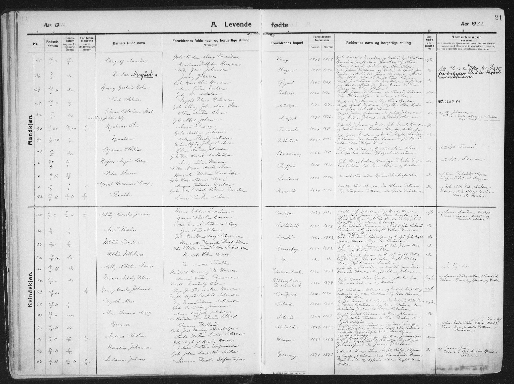 Lenvik sokneprestembete, AV/SATØ-S-1310/H/Ha/Haa/L0016kirke: Parish register (official) no. 16, 1910-1924, p. 21