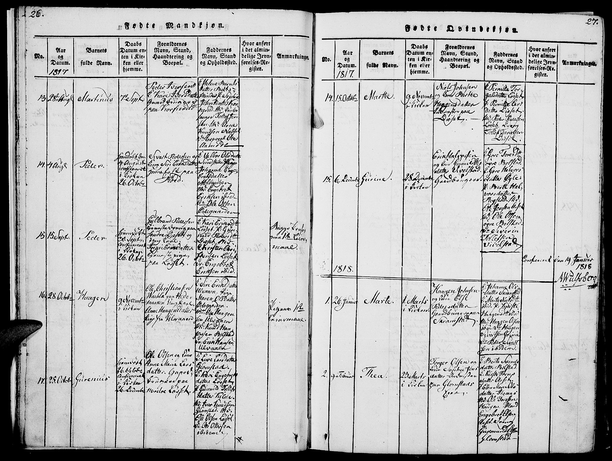 Åmot prestekontor, Hedmark, SAH/PREST-056/H/Ha/Hab/L0001: Parish register (copy) no. 1, 1815-1847, p. 26-27