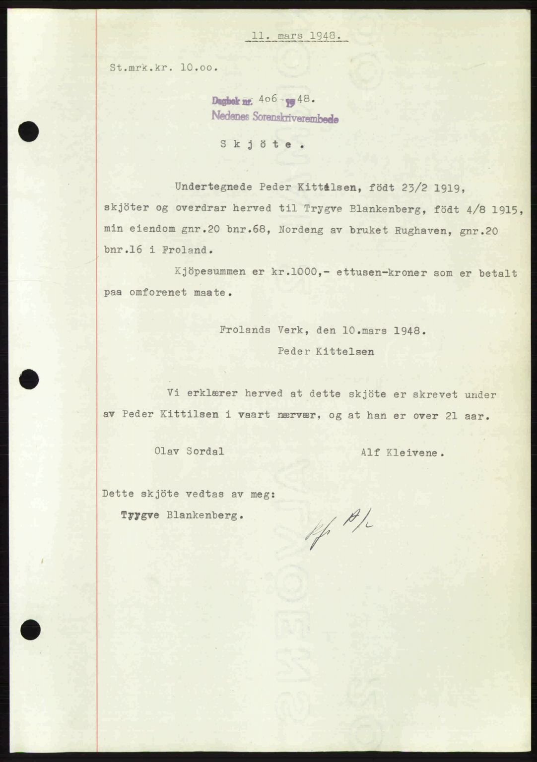 Nedenes sorenskriveri, AV/SAK-1221-0006/G/Gb/Gba/L0059: Mortgage book no. A11, 1948-1948, Diary no: : 406/1948