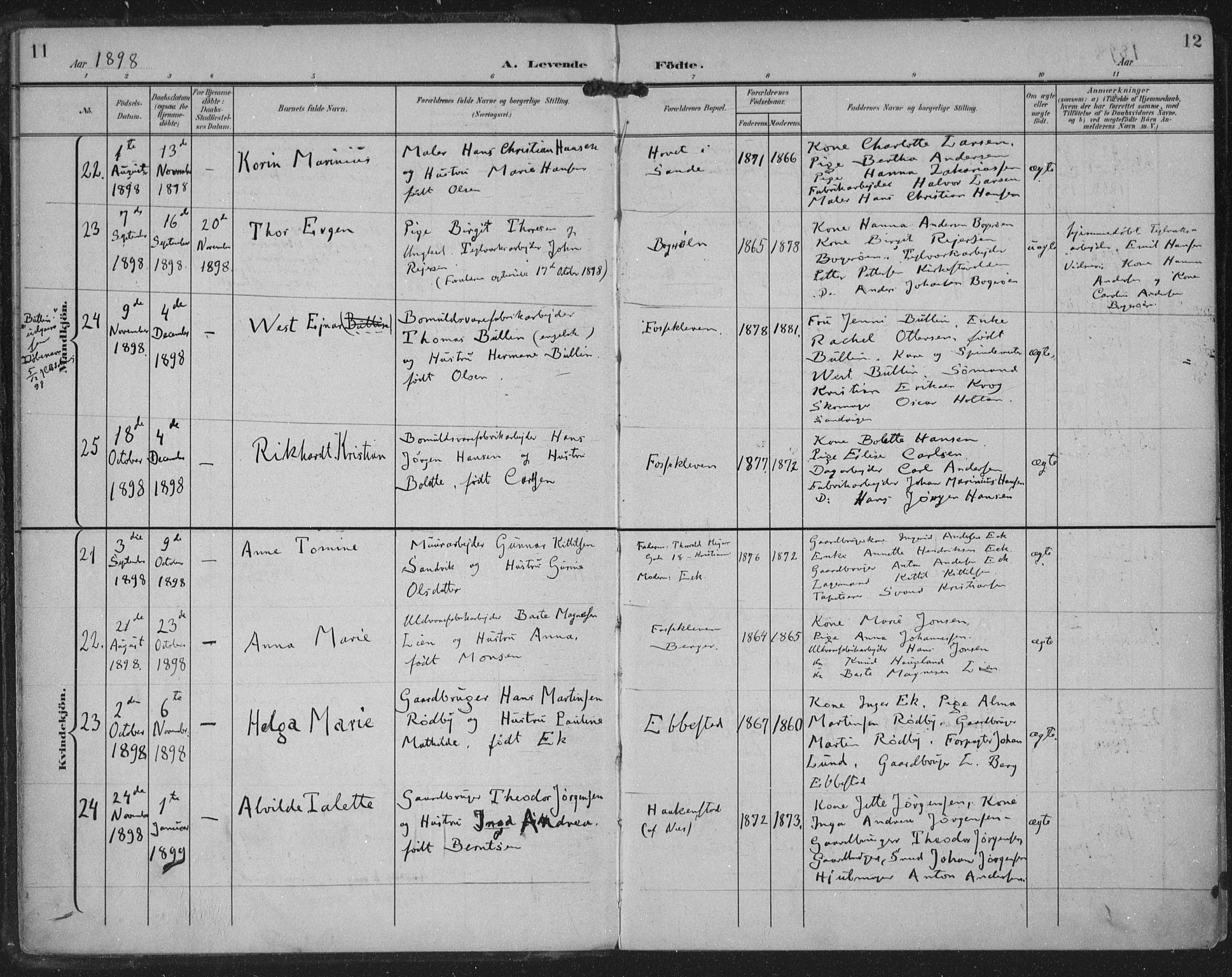 Strømm kirkebøker, AV/SAKO-A-322/F/Fa/L0005: Parish register (official) no. I 5, 1898-1919, p. 11-12