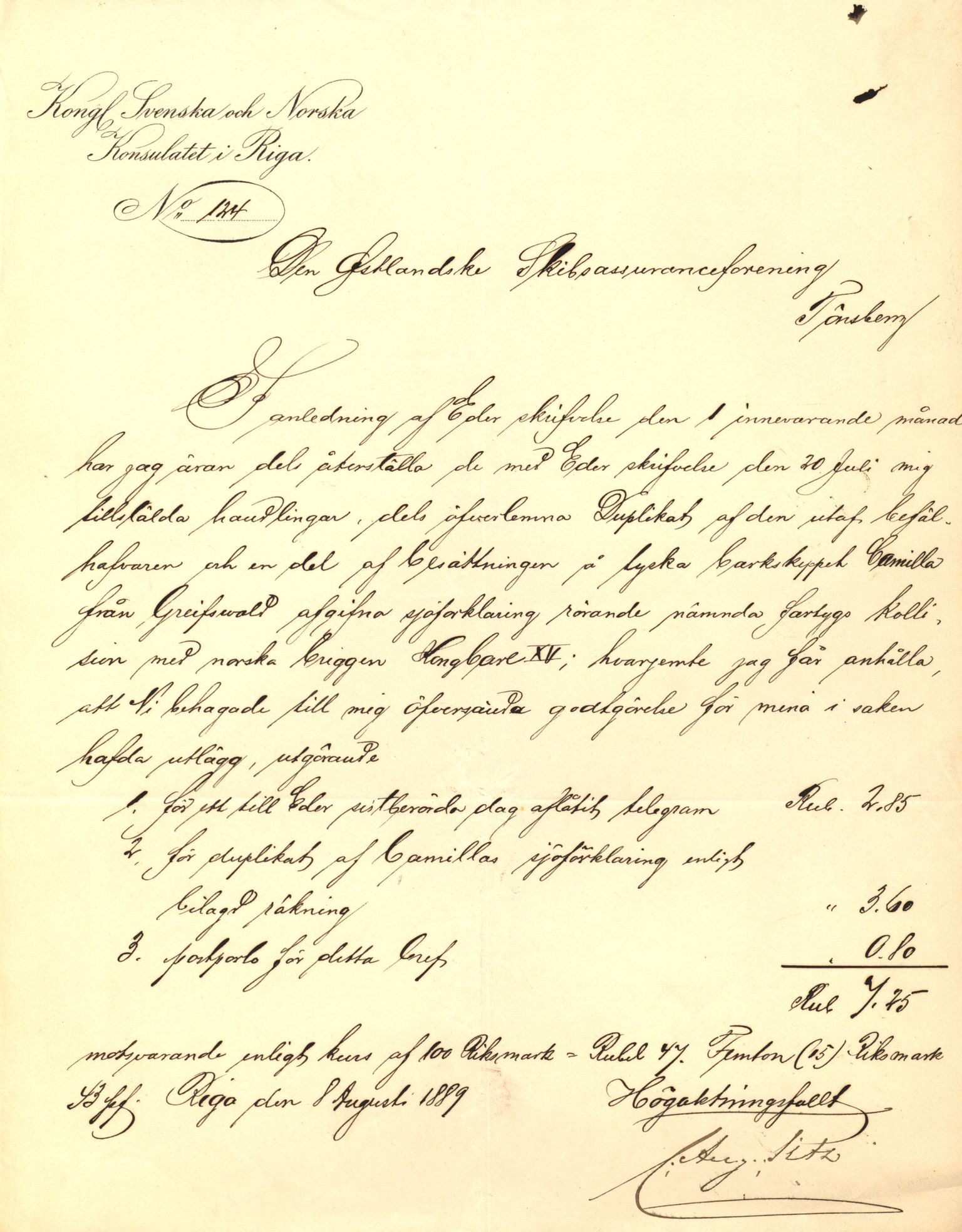 Pa 63 - Østlandske skibsassuranceforening, VEMU/A-1079/G/Ga/L0023/0012: Havaridokumenter / Columbus, Christiane Sophie, Marie, Jarlen, Kong Carl XV, 1889, p. 135