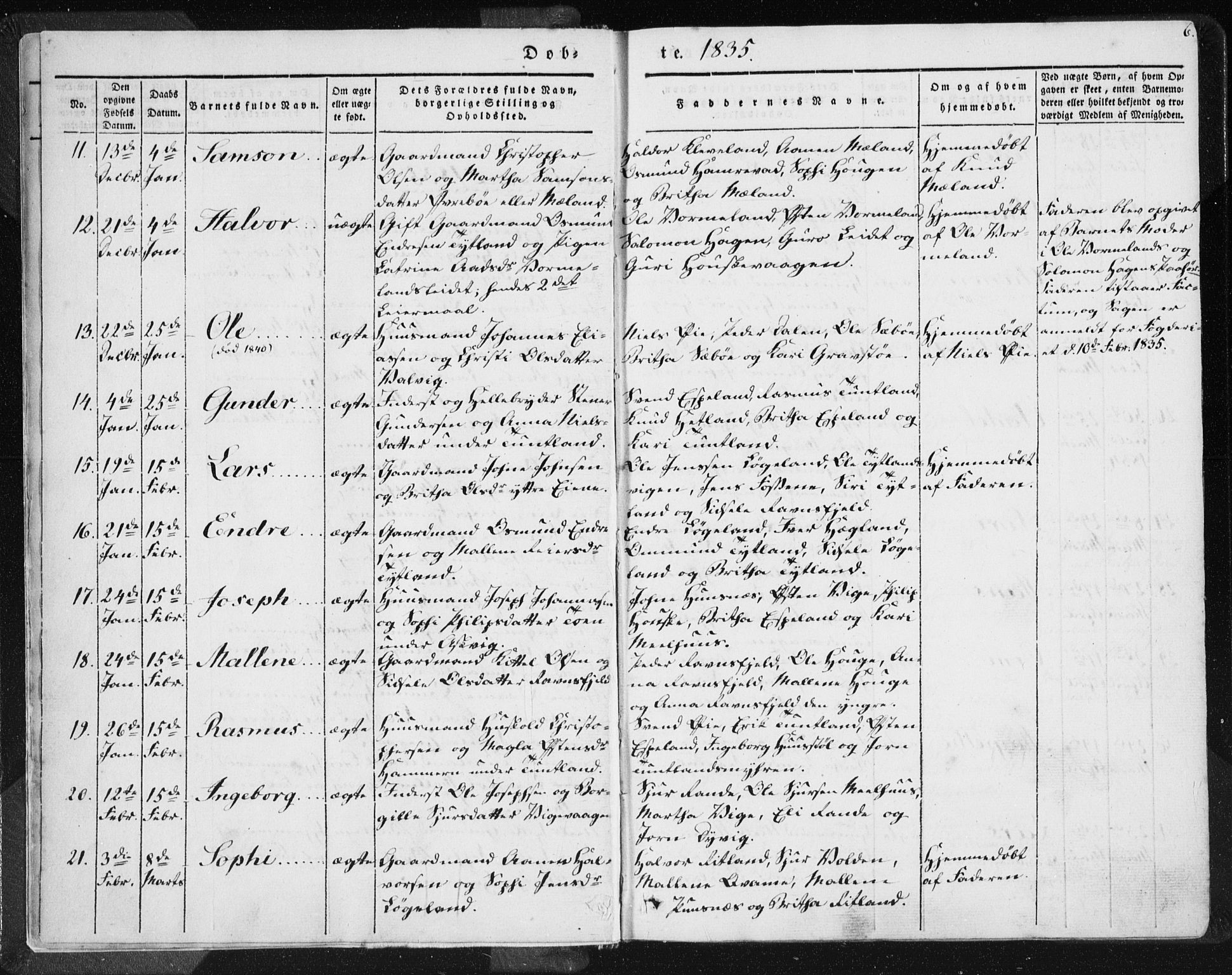 Hjelmeland sokneprestkontor, AV/SAST-A-101843/01/IV/L0006: Parish register (official) no. A 6, 1834-1845, p. 6