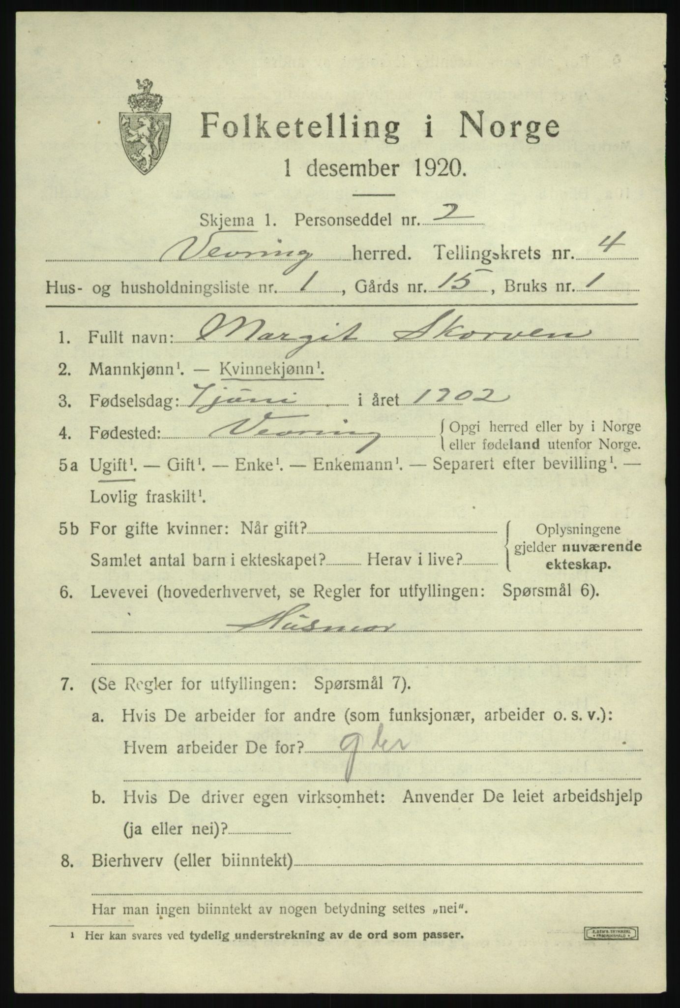 SAB, 1920 census for Vevring, 1920, p. 1322