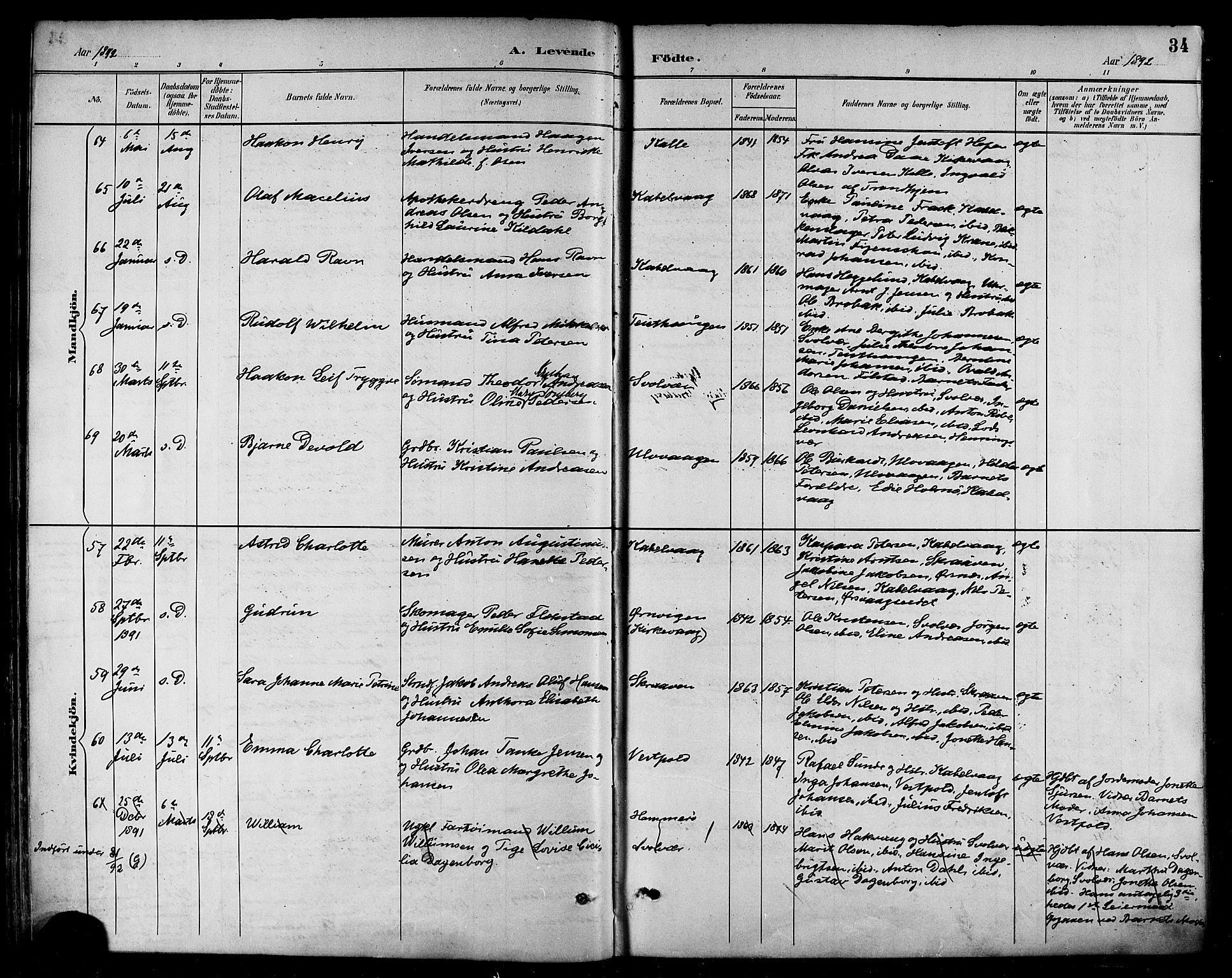 Ministerialprotokoller, klokkerbøker og fødselsregistre - Nordland, AV/SAT-A-1459/874/L1060: Parish register (official) no. 874A04, 1890-1899, p. 34