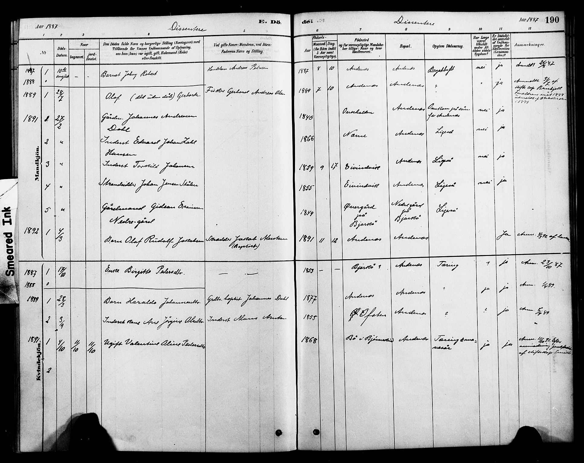 Ministerialprotokoller, klokkerbøker og fødselsregistre - Nordland, AV/SAT-A-1459/899/L1436: Parish register (official) no. 899A04, 1881-1896, p. 190