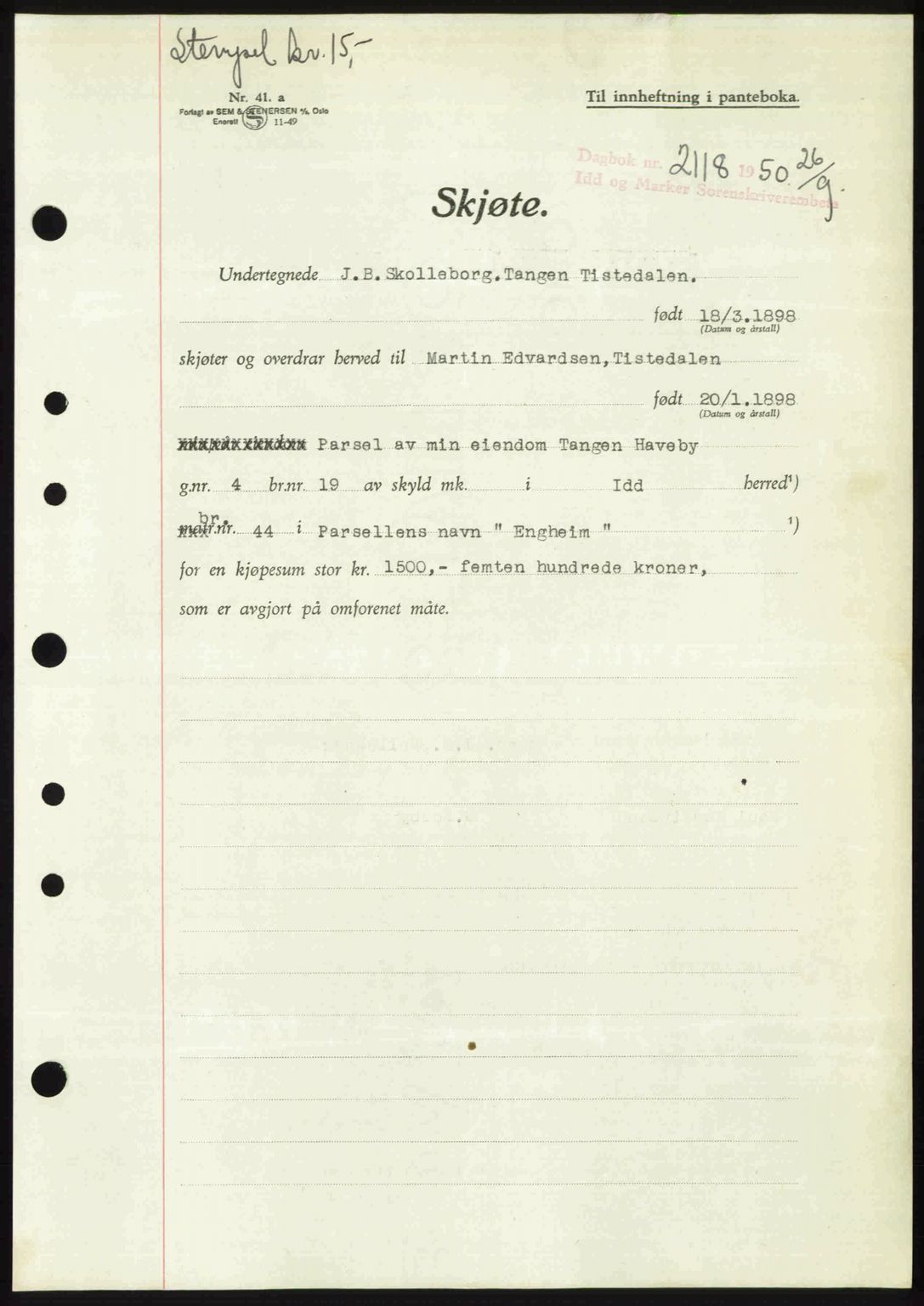 Idd og Marker sorenskriveri, AV/SAO-A-10283/G/Gb/Gbb/L0015: Mortgage book no. A15, 1950-1950, Diary no: : 2118/1950