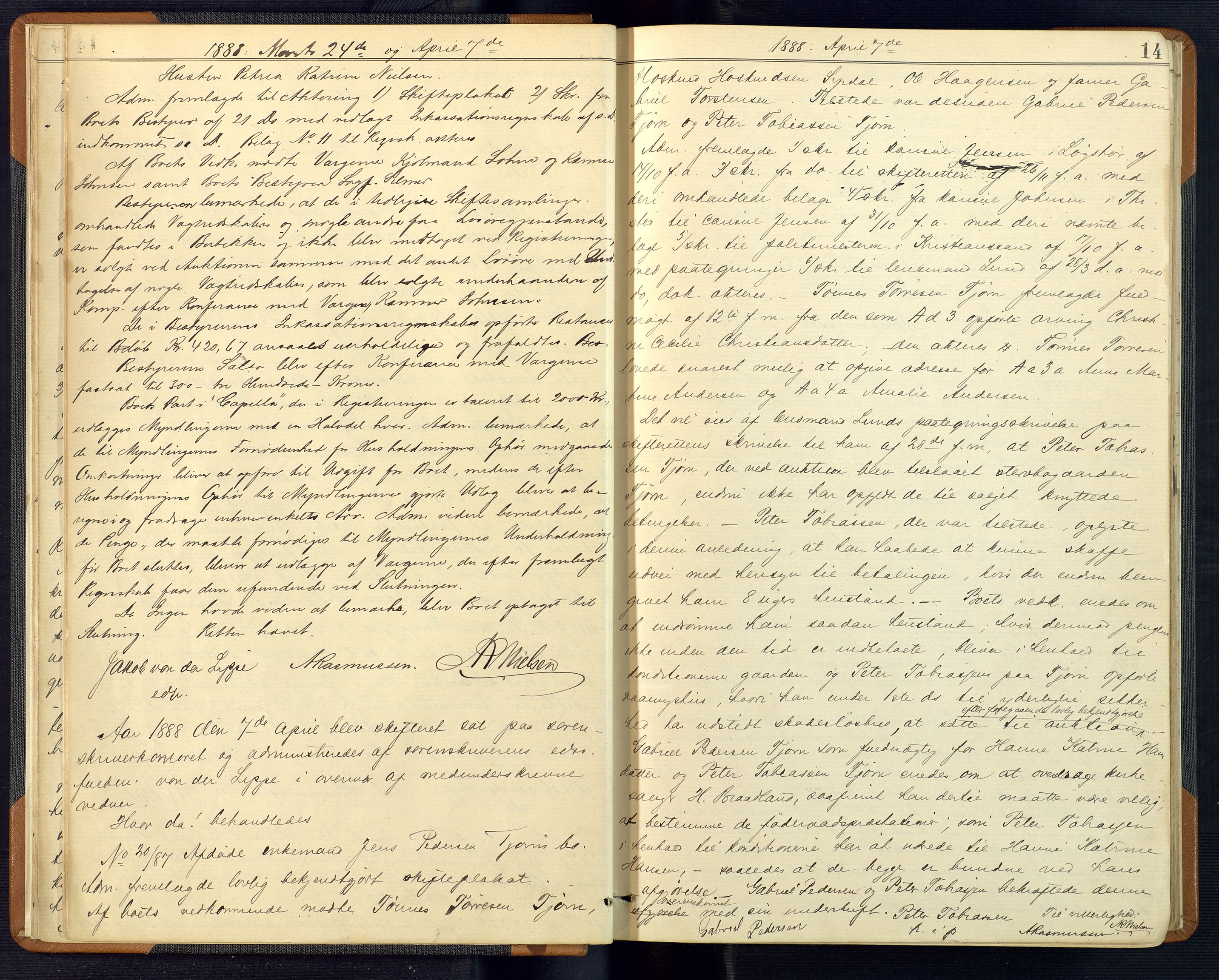 Mandal sorenskriveri, AV/SAK-1221-0005/001/H/Hc/L0075: Skifteforhandlingsprotokoll nr 7, 1887-1892, p. 14