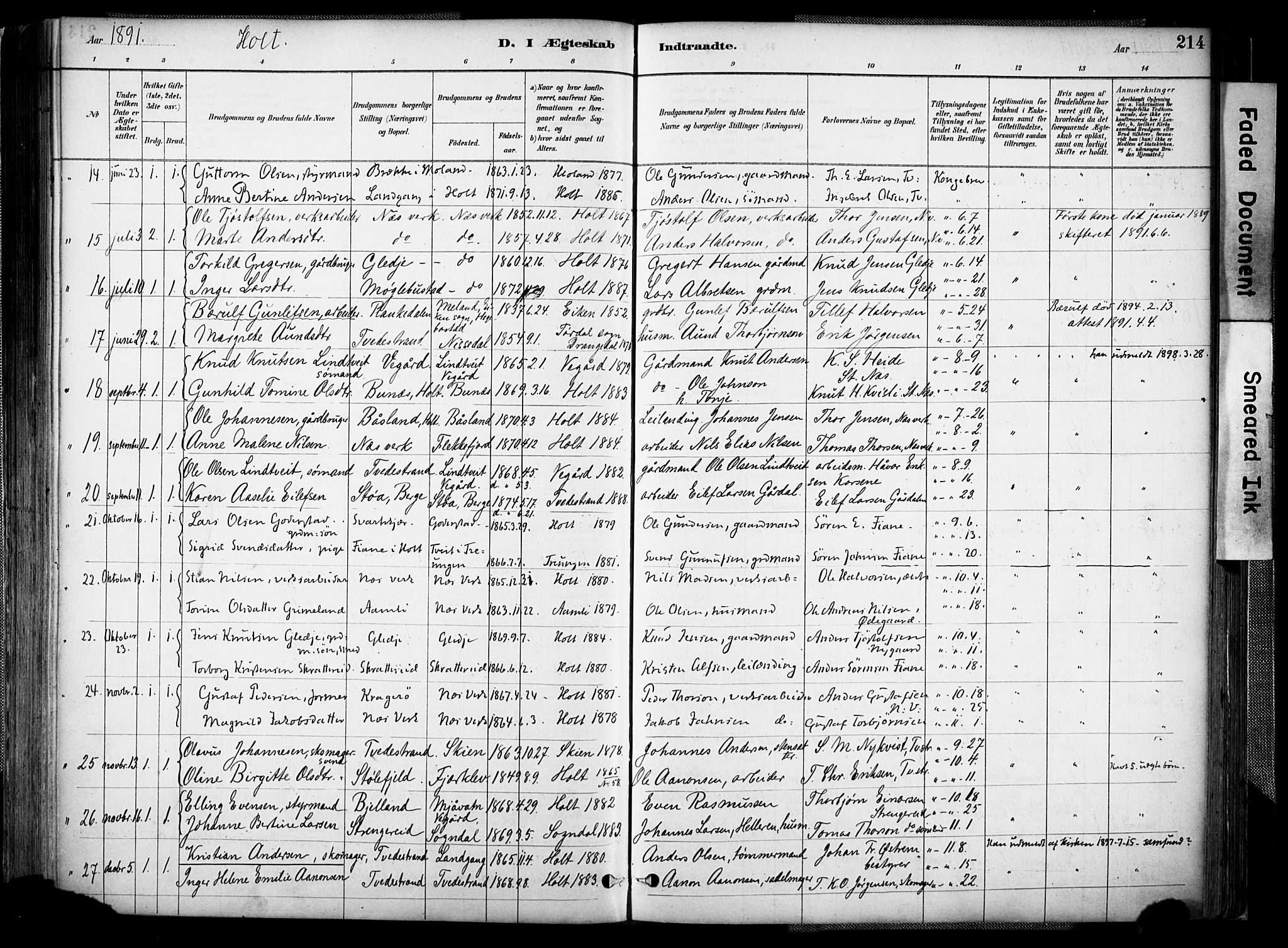 Holt sokneprestkontor, SAK/1111-0021/F/Fa/L0012: Parish register (official) no. A 12, 1885-1907, p. 214