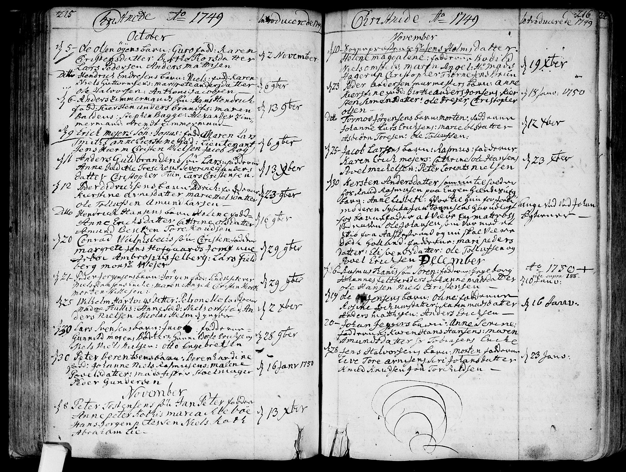 Bragernes kirkebøker, SAKO/A-6/F/Fa/L0004: Parish register (official) no. I 4, 1734-1759, p. 215-216