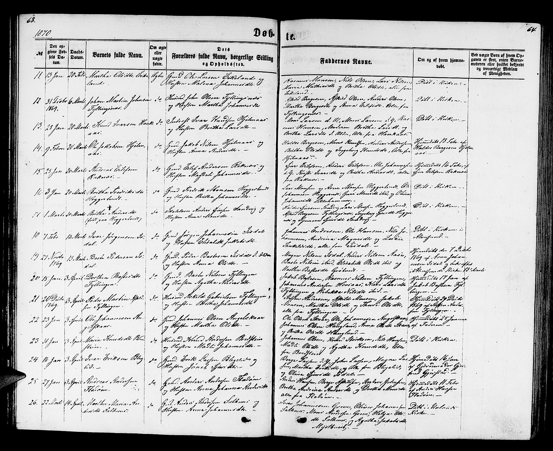 Hamre sokneprestembete, SAB/A-75501/H/Ha/Hab: Parish register (copy) no. B 2, 1863-1880, p. 63-64