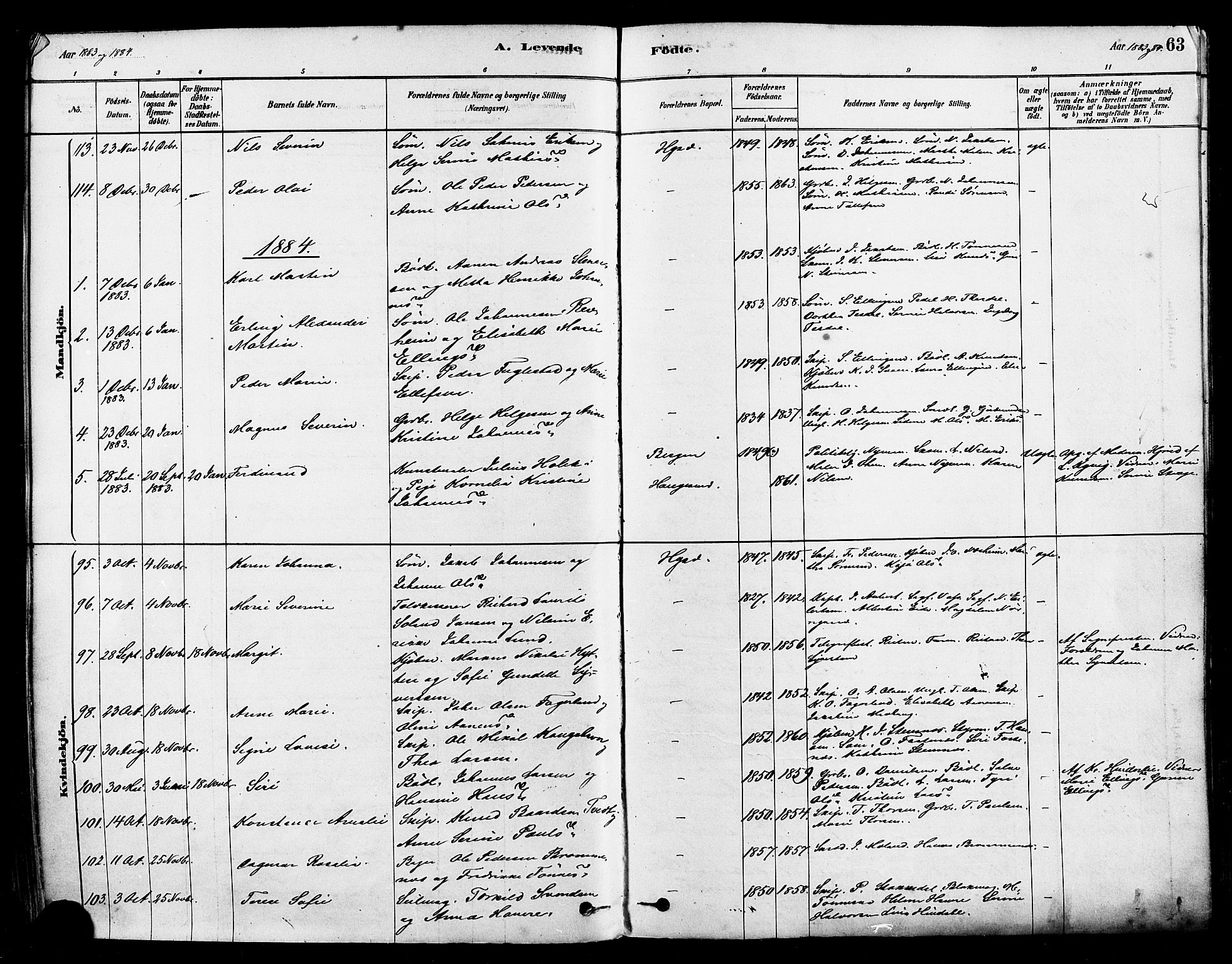 Haugesund sokneprestkontor, AV/SAST-A -101863/H/Ha/Haa/L0001: Parish register (official) no. A 1, 1878-1885, p. 63