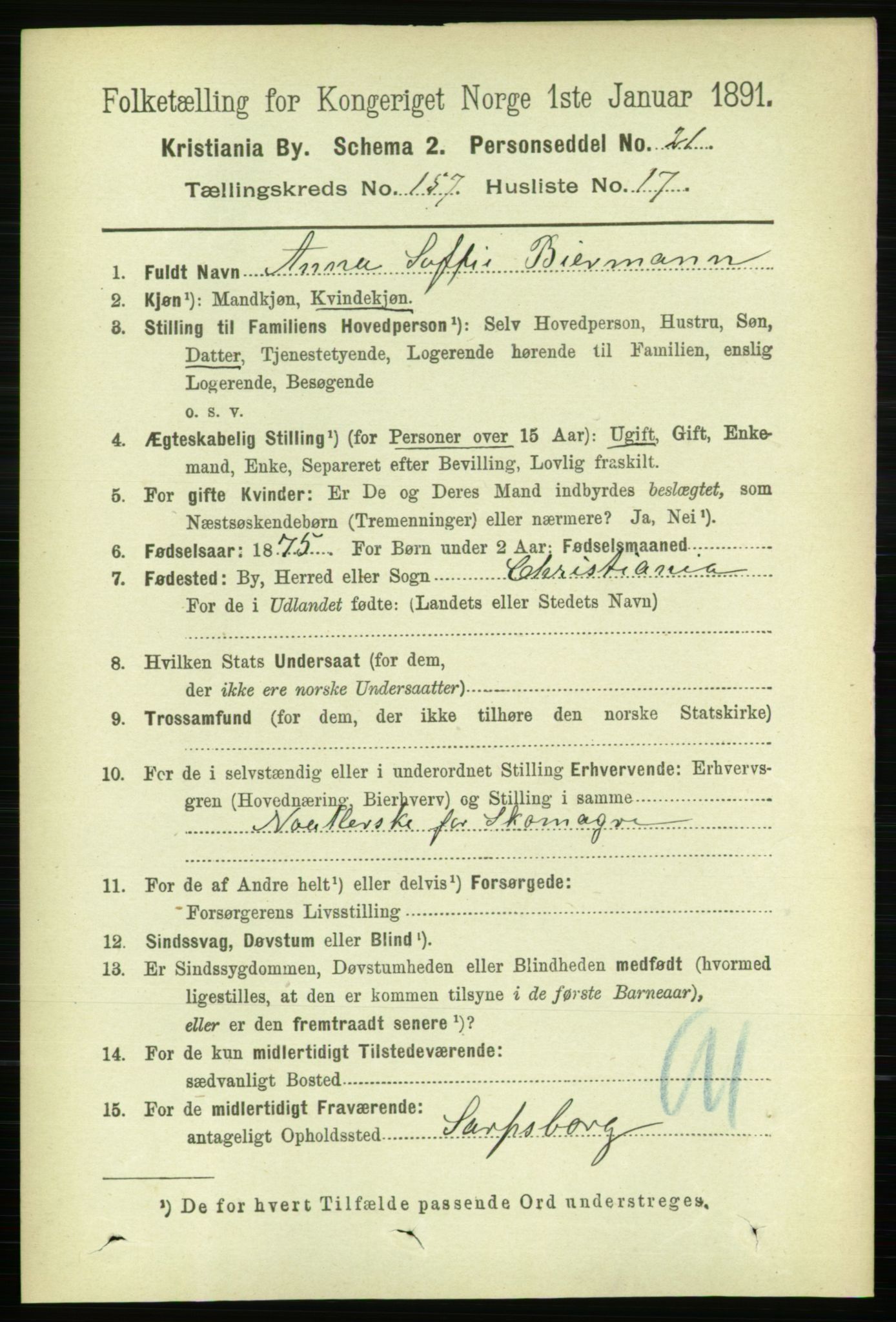 RA, 1891 census for 0301 Kristiania, 1891, p. 89610