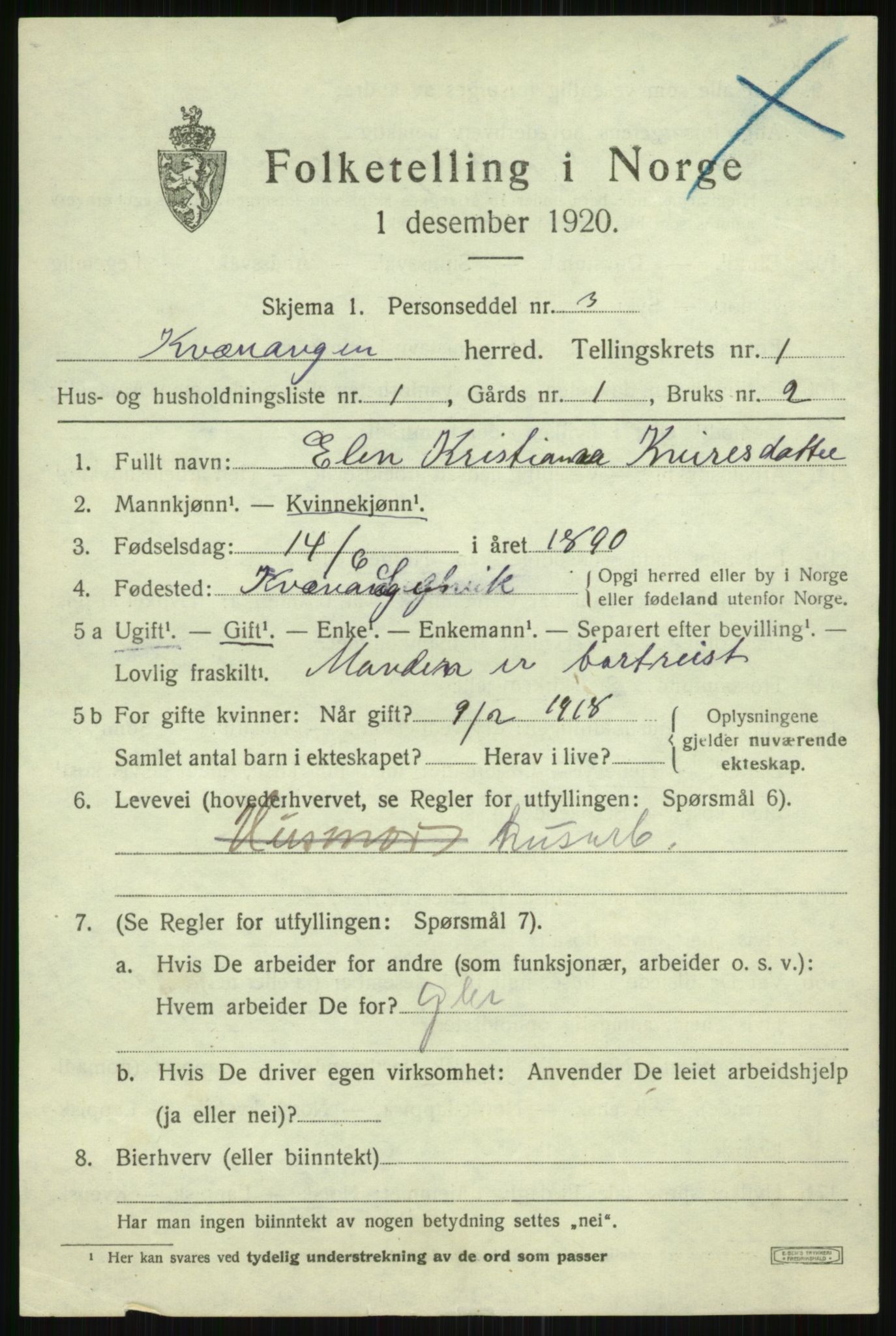 SATØ, 1920 census for Kvænangen, 1920, p. 604