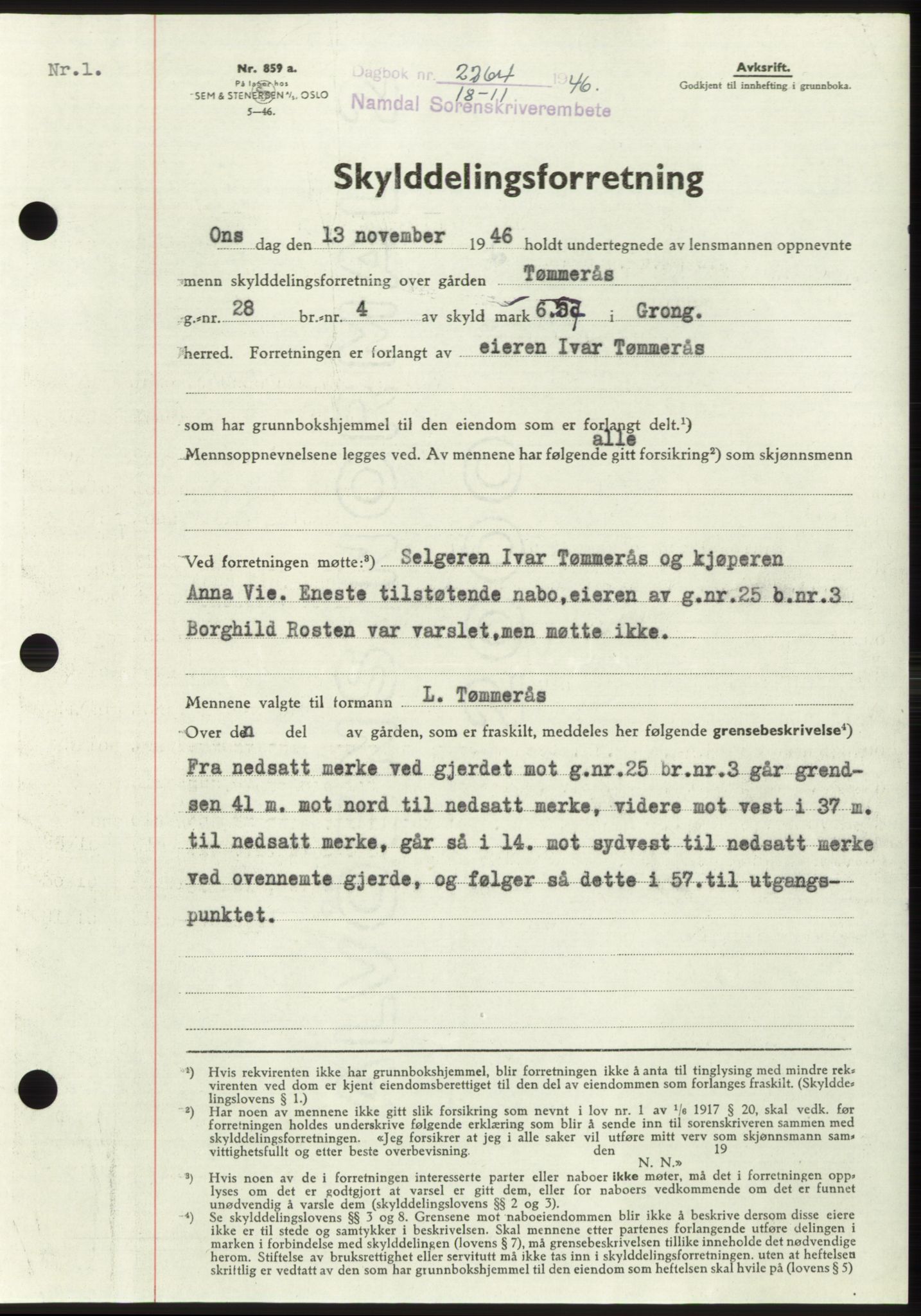 Namdal sorenskriveri, AV/SAT-A-4133/1/2/2C: Mortgage book no. -, 1946-1947, Diary no: : 2264/1946